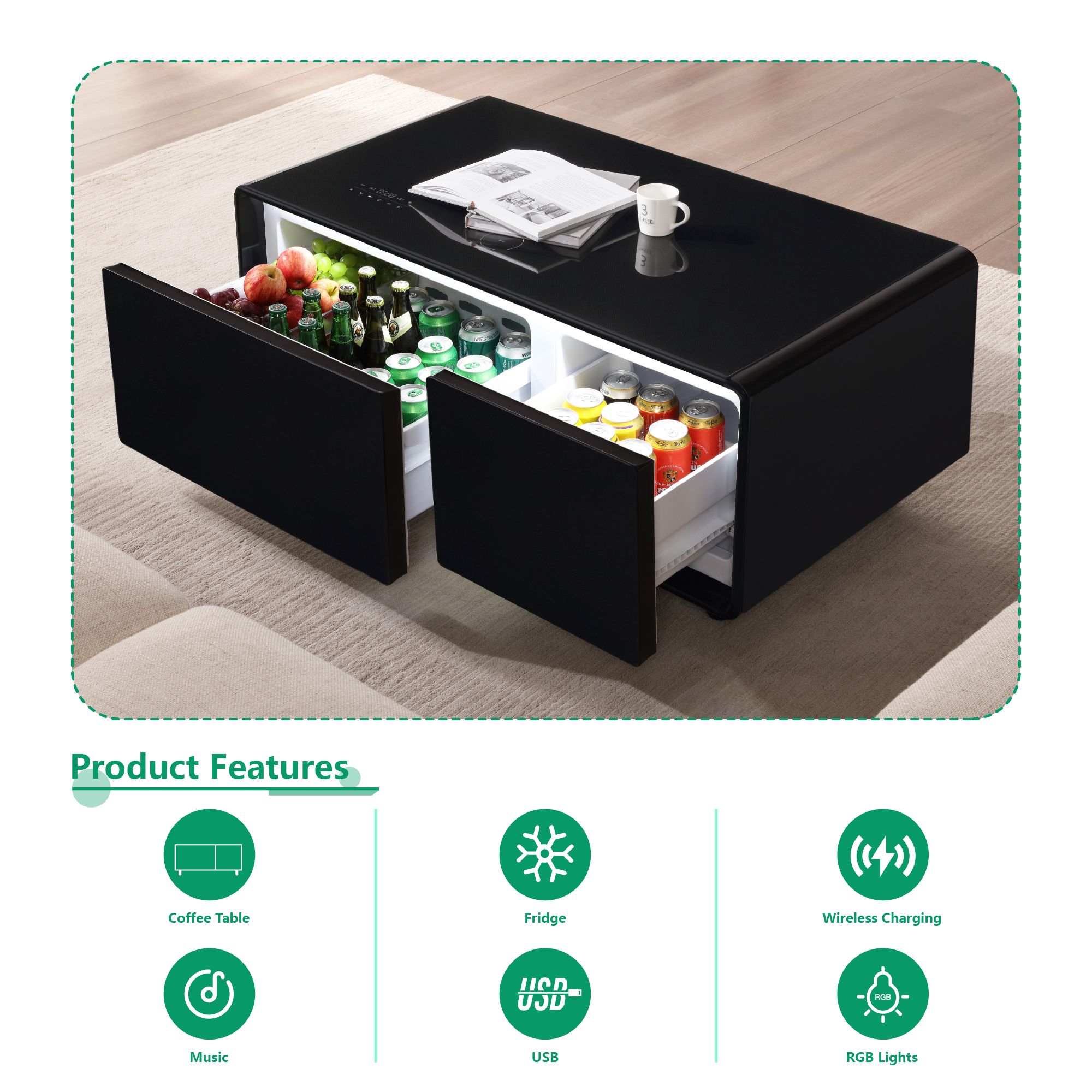 Modern Smart Coffee Table with Built-in Fridge, Bluetooth Speaker, Wireless Charging, Touch Control Panel, USB Interface, Outlet Protection, Atmosphere light, Black 