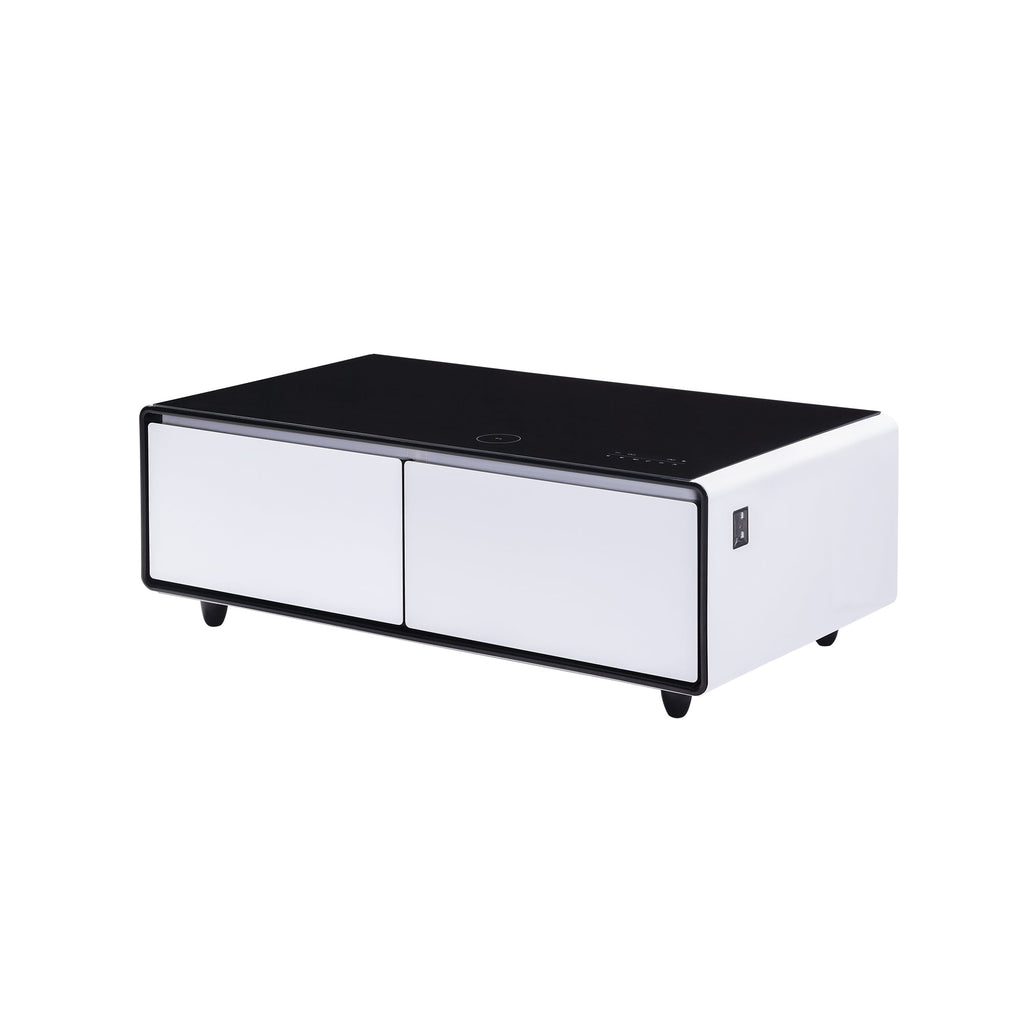 Modern Smart Coffee Table with Built-in Fridge, Bluetooth Speaker, Wireless Charging Module, Touch Control Panel, Power Socket, USB Interface, Outlet Protection, Atmosphere light, White 