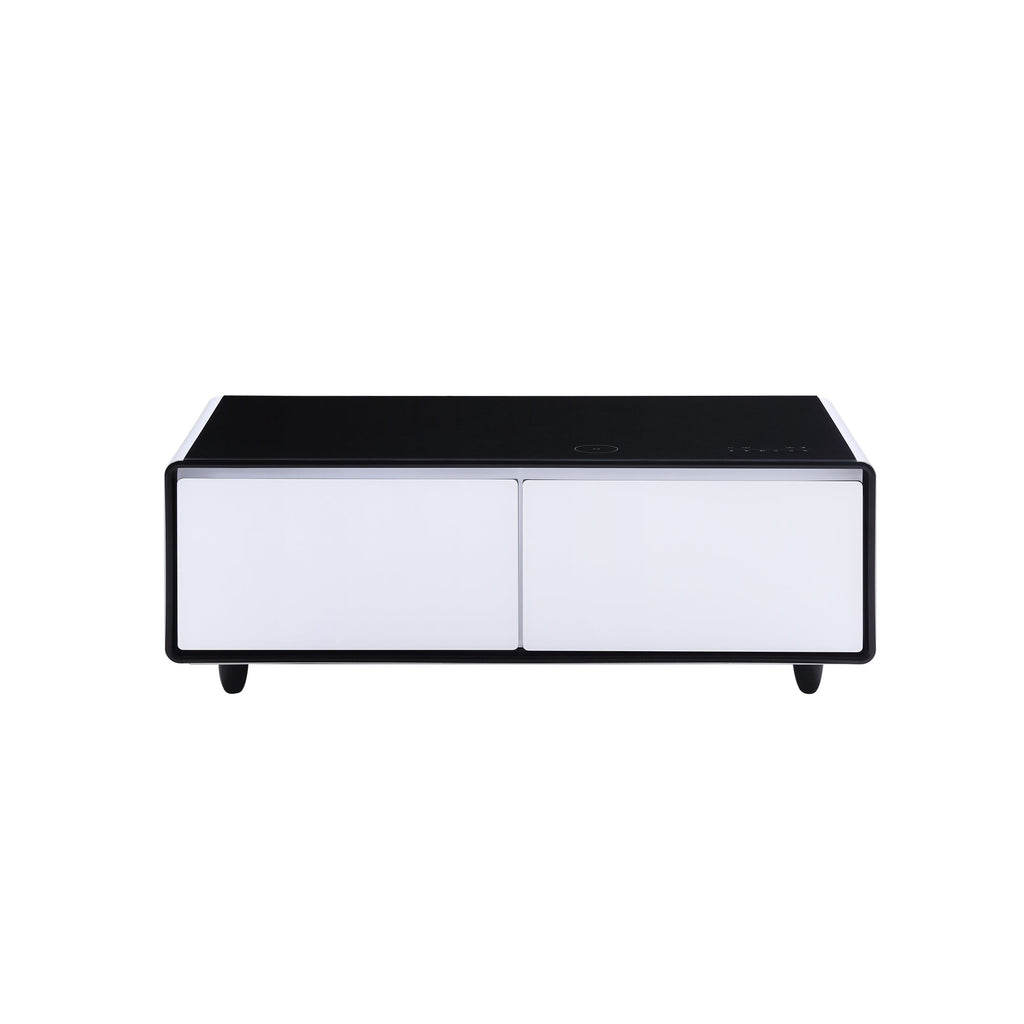 Modern Smart Coffee Table with Built-in Fridge, Bluetooth Speaker, Wireless Charging Module, Touch Control Panel, Power Socket, USB Interface, Outlet Protection, Atmosphere light, White 
