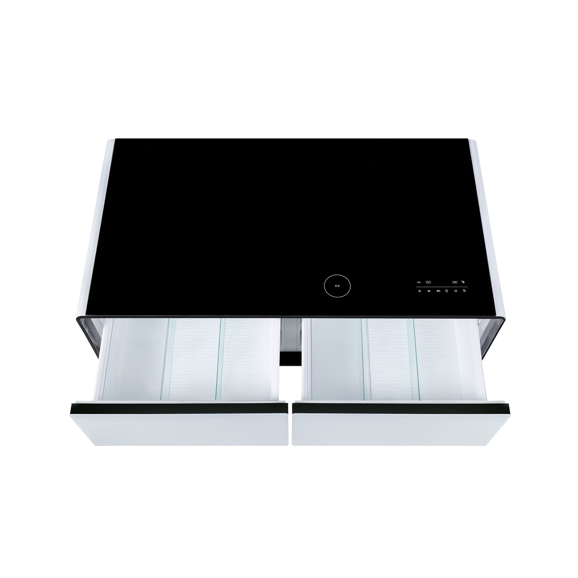 Modern Smart Coffee Table with Built-in Fridge, Bluetooth Speaker, Wireless Charging Module, Touch Control Panel, Power Socket, USB Interface, Outlet Protection, Atmosphere light, White 