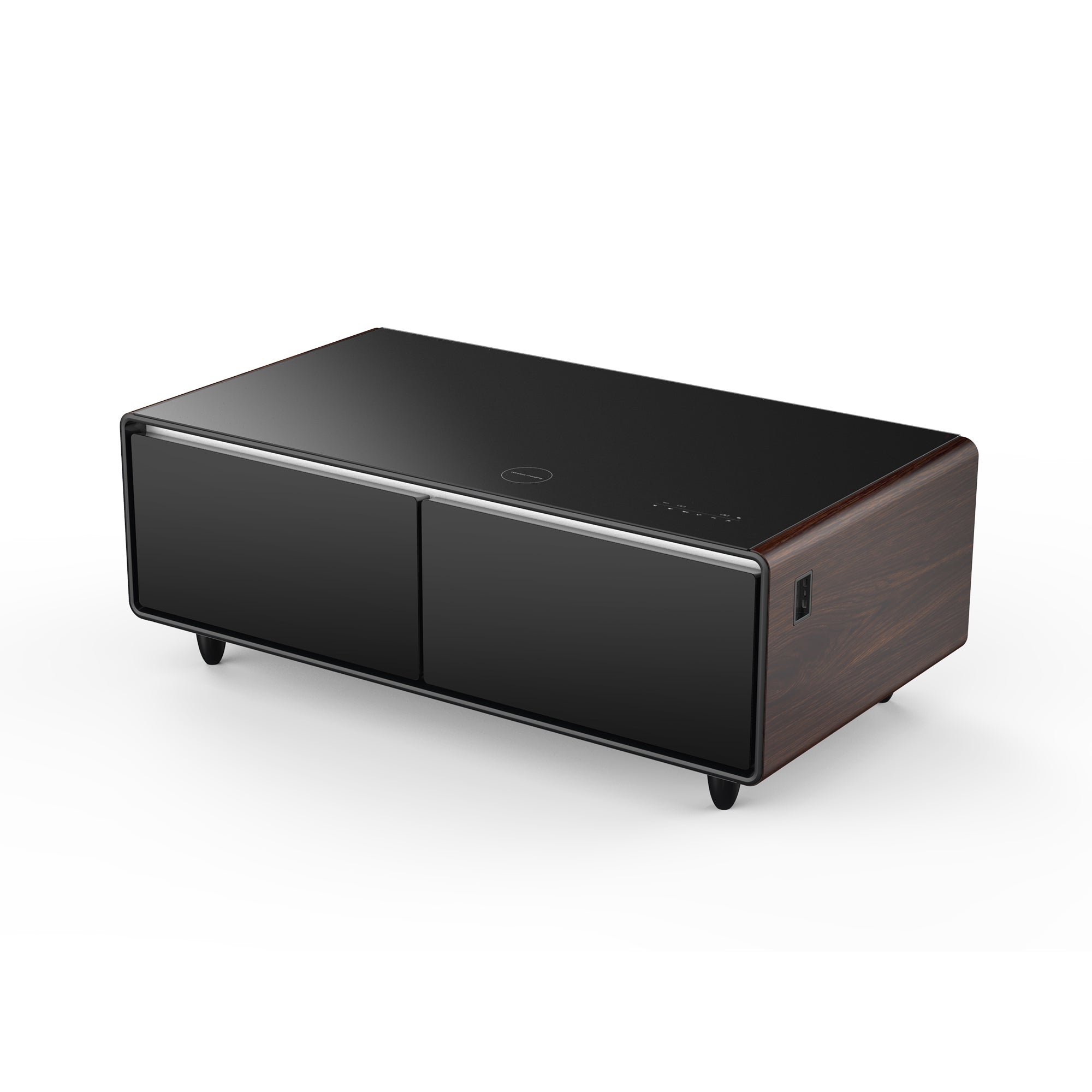 Modern Smart Coffee Table with Built-in Fridge, Bluetooth Speaker, Wireless Charging Module, Touch Control Panel, Power Socket, USB Interface, Outlet Protection, Atmosphere light, and More, Brown 