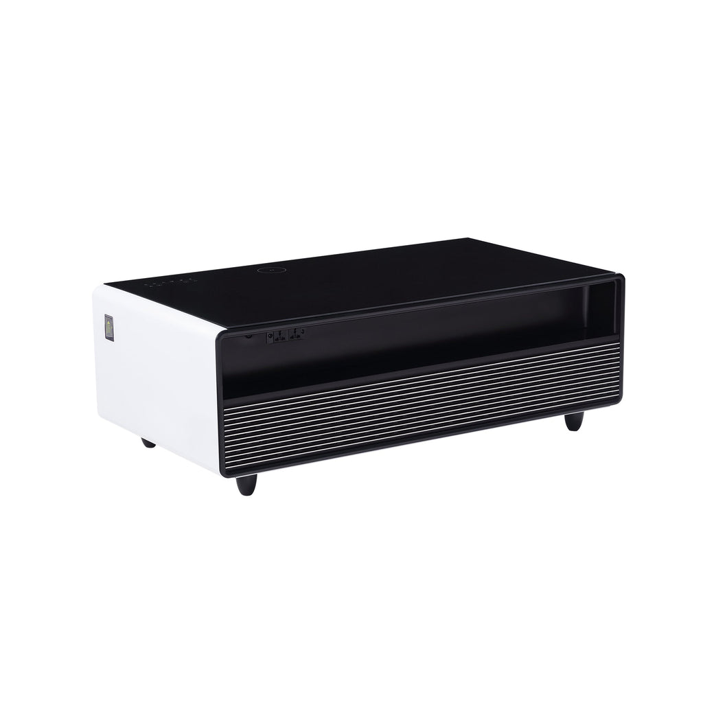 Modern Smart Coffee Table with Built-in Fridge, Bluetooth Speaker, Wireless Charging Module, Touch Control Panel, Power Socket, USB Interface, Outlet Protection, Atmosphere light, White 