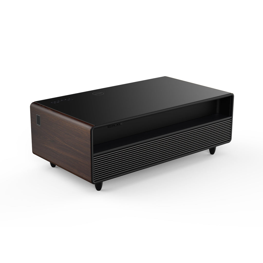 Modern Smart Coffee Table with Built-in Fridge, Bluetooth Speaker, Wireless Charging Module, Touch Control Panel, Power Socket, USB Interface, Outlet Protection, Atmosphere light, and More, Brown 