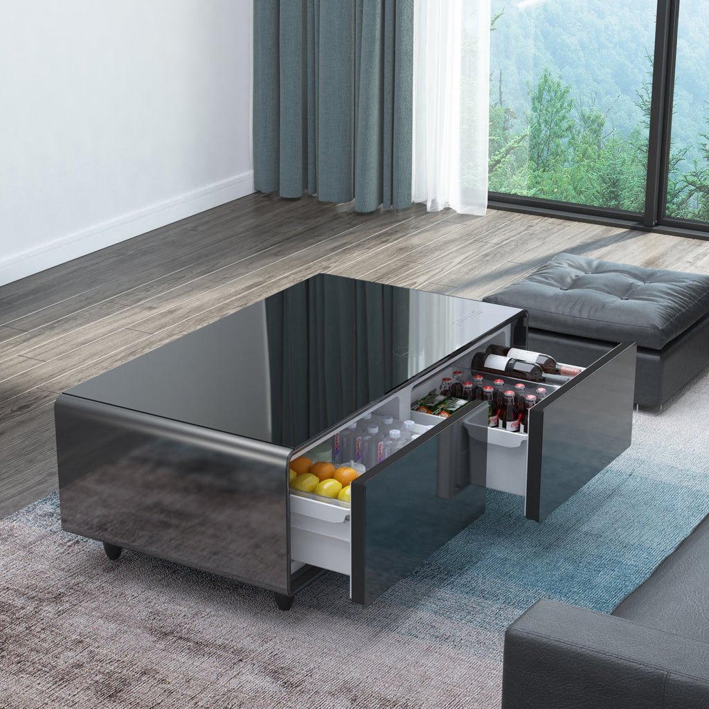 Modern Smart Coffee Table with Built-in Fridge, Bluetooth Speaker, Wireless Charging Module, Touch Control Panel, Power Socket, USB Interface, Outlet Protection, Atmosphere light, Black 