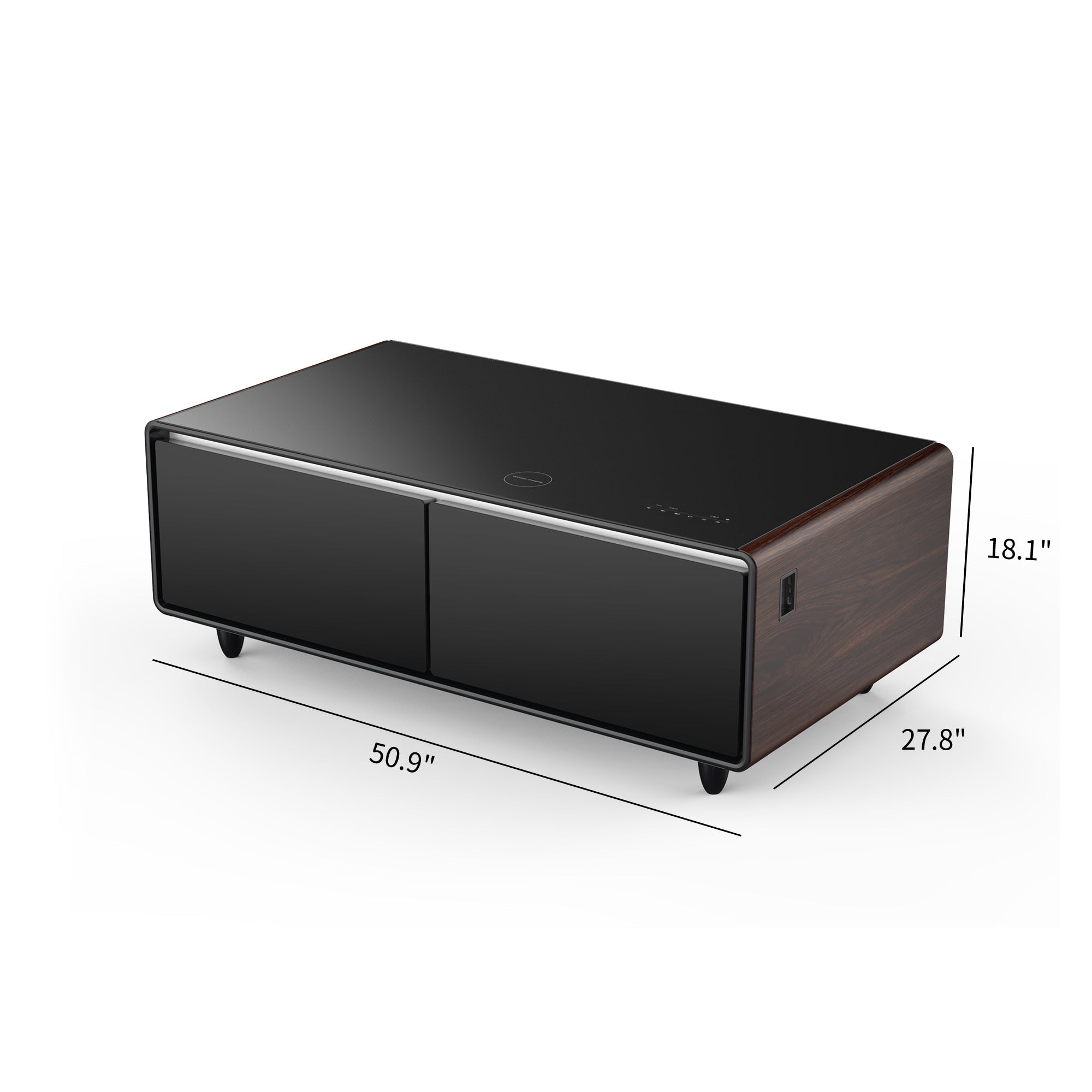 Modern Smart Coffee Table with Built-in Fridge, Bluetooth Speaker, Wireless Charging Module, Touch Control Panel, Power Socket, USB Interface, Outlet Protection, Atmosphere light, and More, Brown 