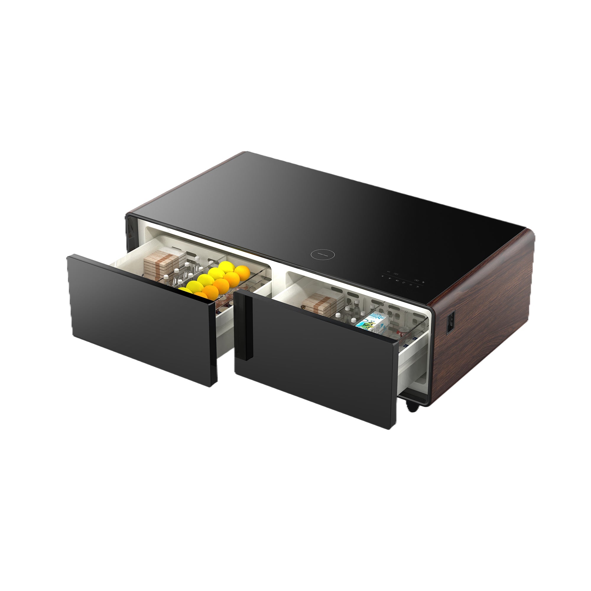 Modern Smart Coffee Table with Built-in Fridge, Bluetooth Speaker, Wireless Charging Module, Touch Control Panel, Power Socket, USB Interface, Outlet Protection, Atmosphere light, and More, Brown 