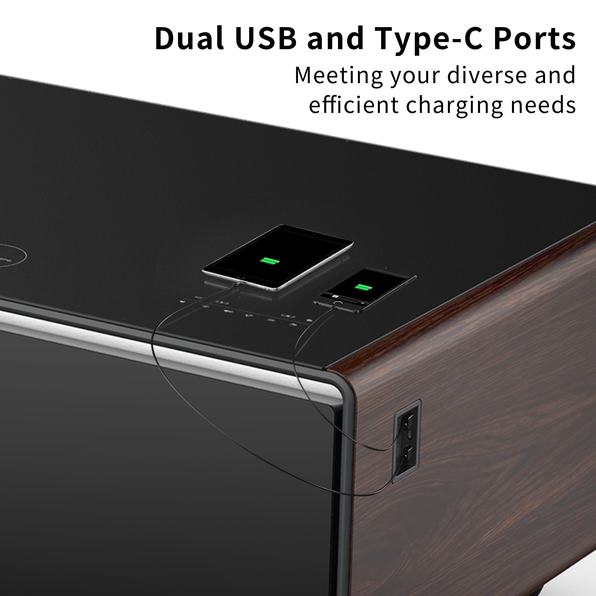 Modern Smart Coffee Table with Built-in Fridge, Bluetooth Speaker, Wireless Charging Module, Touch Control Panel, Power Socket, USB Interface, Outlet Protection, Atmosphere light, and More, Brown 