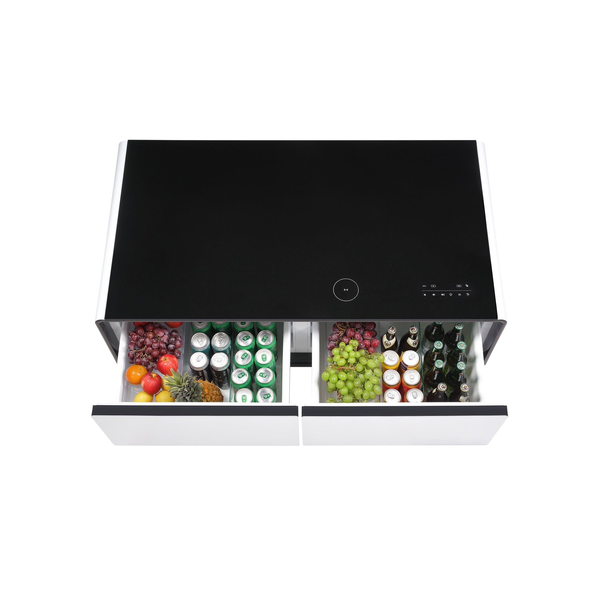 Modern Smart Coffee Table with Built-in Fridge, Bluetooth Speaker, Wireless Charging Module, Touch Control Panel, Power Socket, USB Interface, Outlet Protection, Atmosphere light, White 
