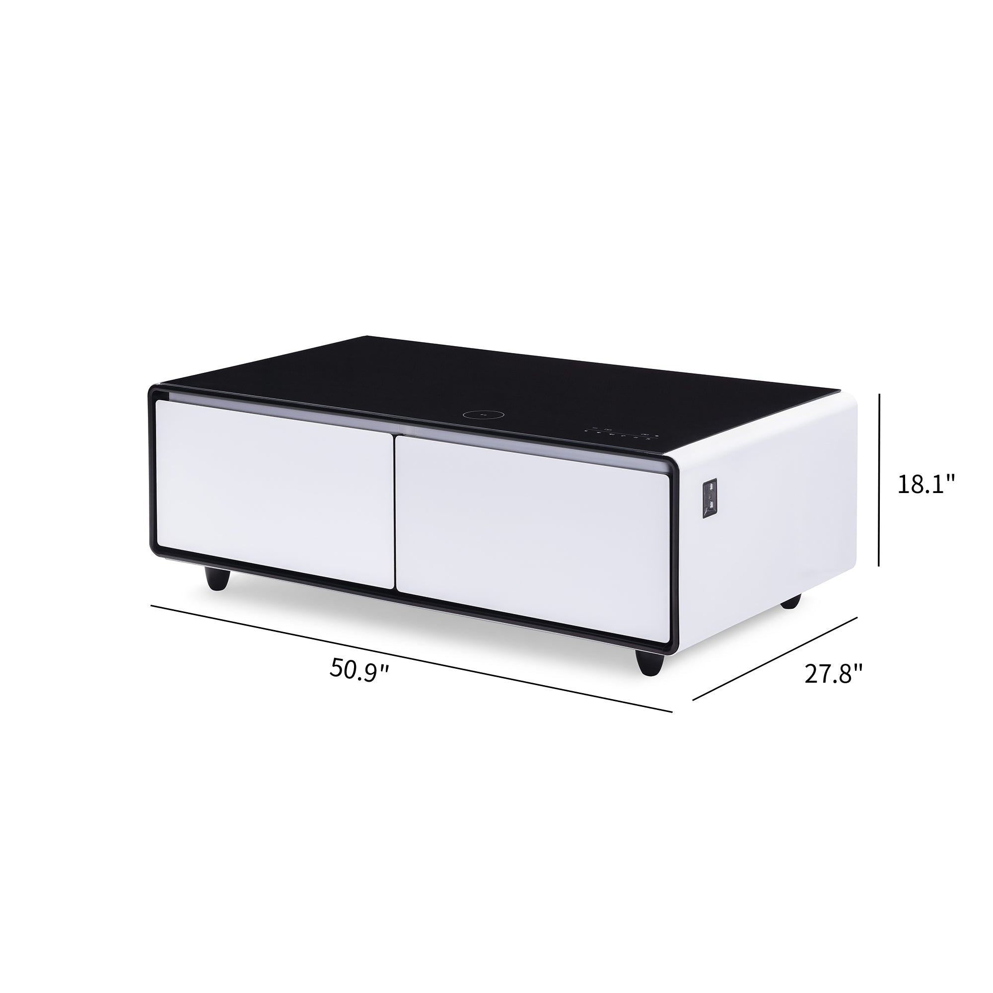 Modern Smart Coffee Table with Built-in Fridge, Bluetooth Speaker, Wireless Charging Module, Touch Control Panel, Power Socket, USB Interface, Outlet Protection, Atmosphere light, White 