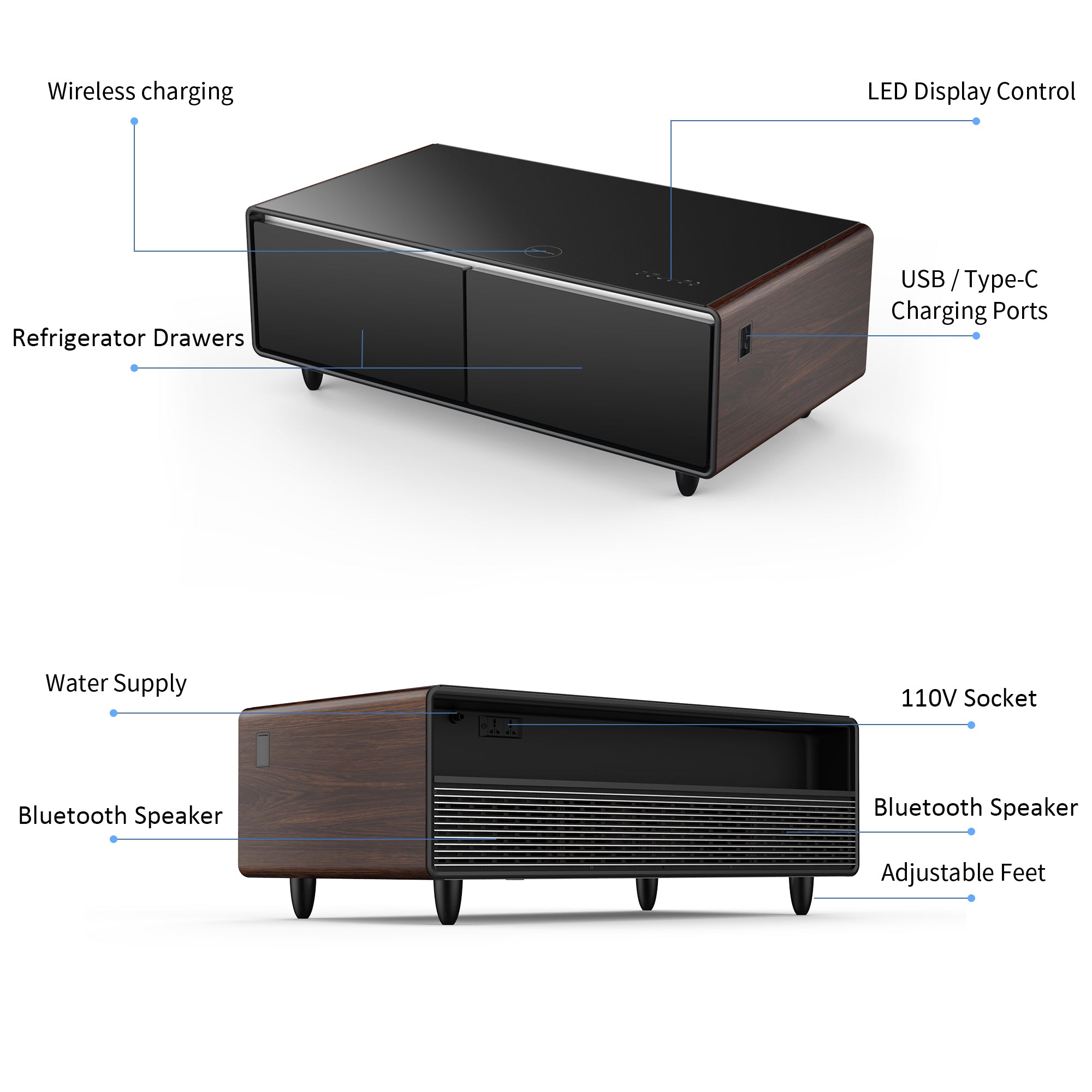 Modern Smart Coffee Table with Built-in Fridge, Bluetooth Speaker, Wireless Charging Module, Touch Control Panel, Power Socket, USB Interface, Outlet Protection, Atmosphere light, and More, Brown 