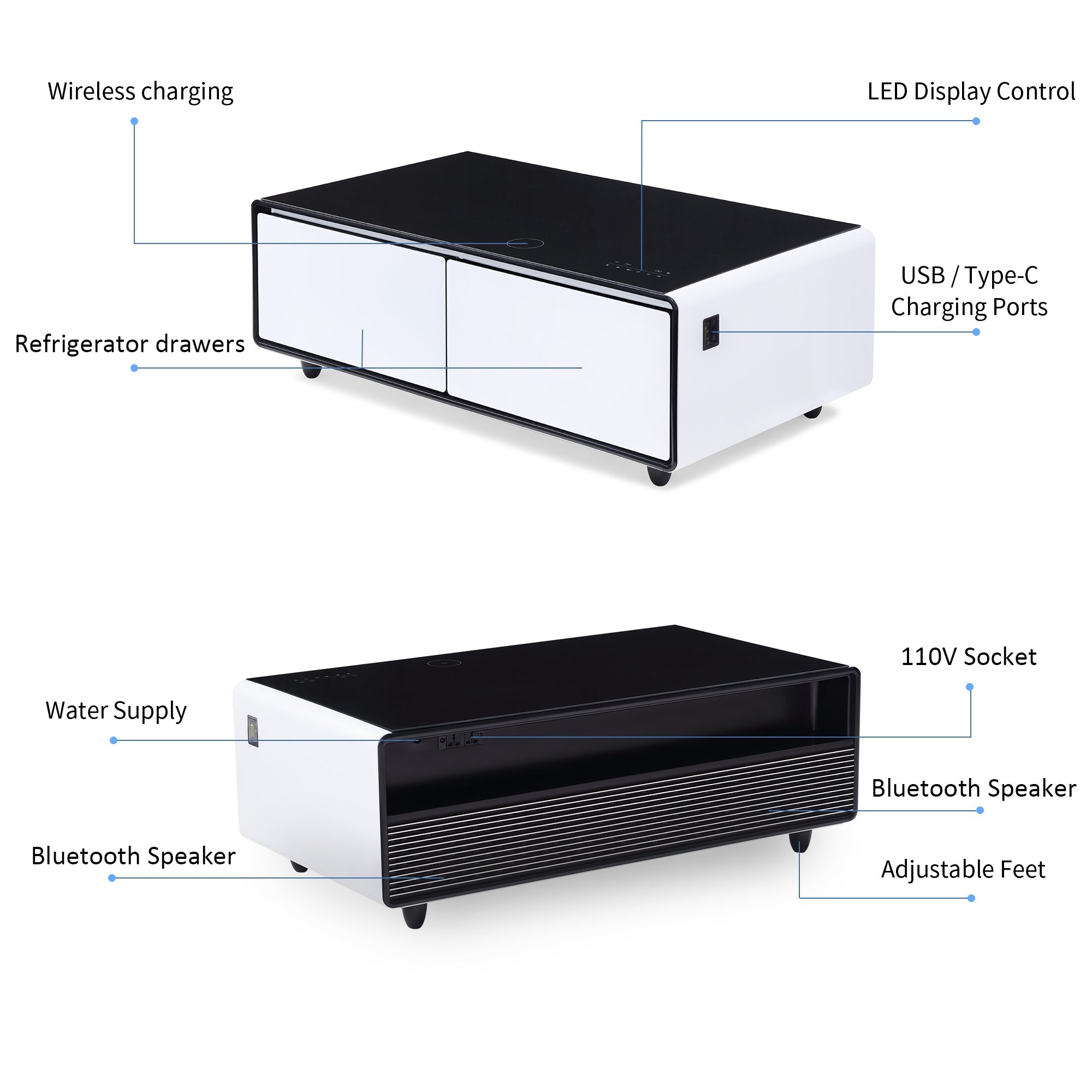 Modern Smart Coffee Table with Built-in Fridge, Bluetooth Speaker, Wireless Charging Module, Touch Control Panel, Power Socket, USB Interface, Outlet Protection, Atmosphere light, White 