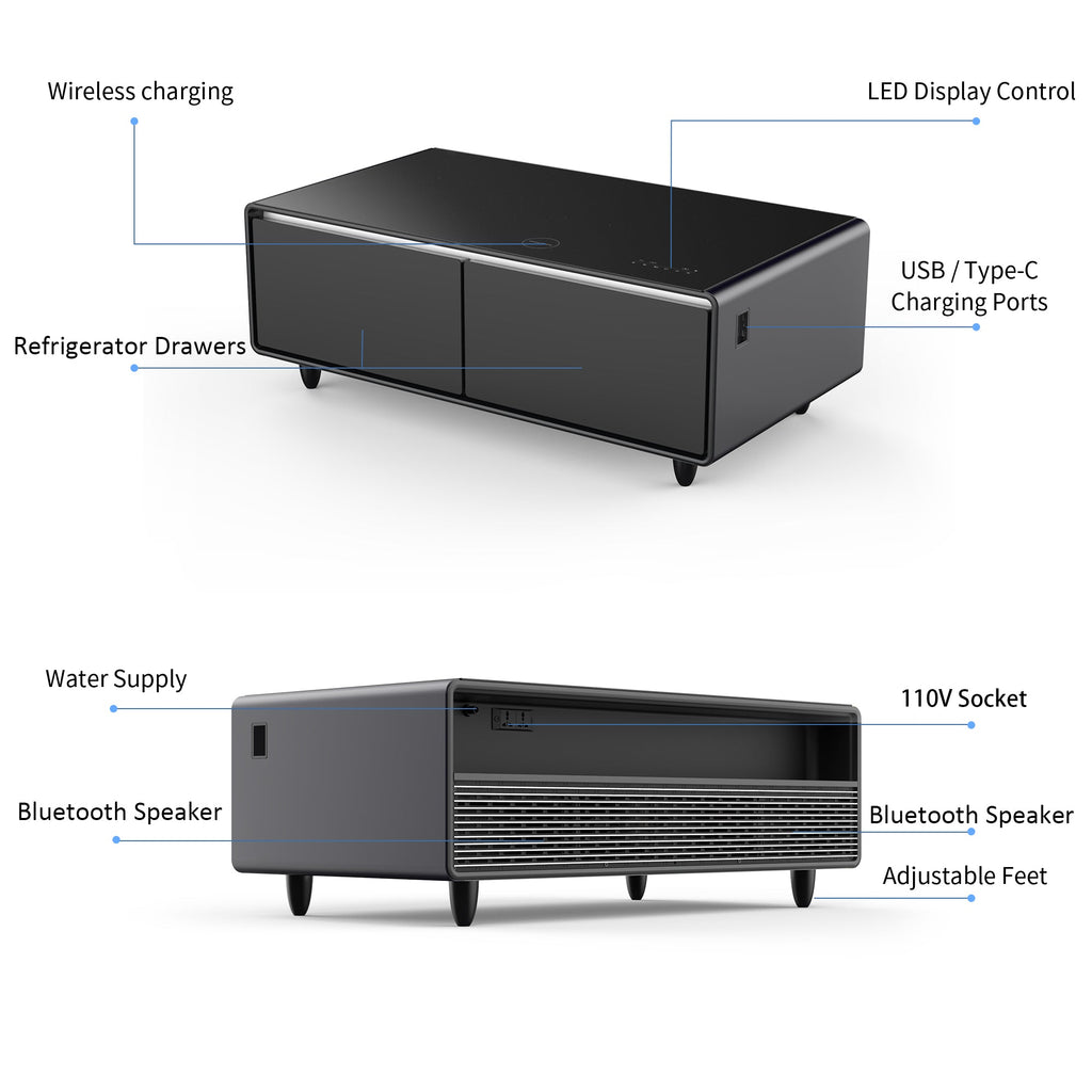 Modern Smart Coffee Table with Built-in Fridge, Bluetooth Speaker, Wireless Charging Module, Touch Control Panel, Power Socket, USB Interface, Outlet Protection, Atmosphere light, Black 