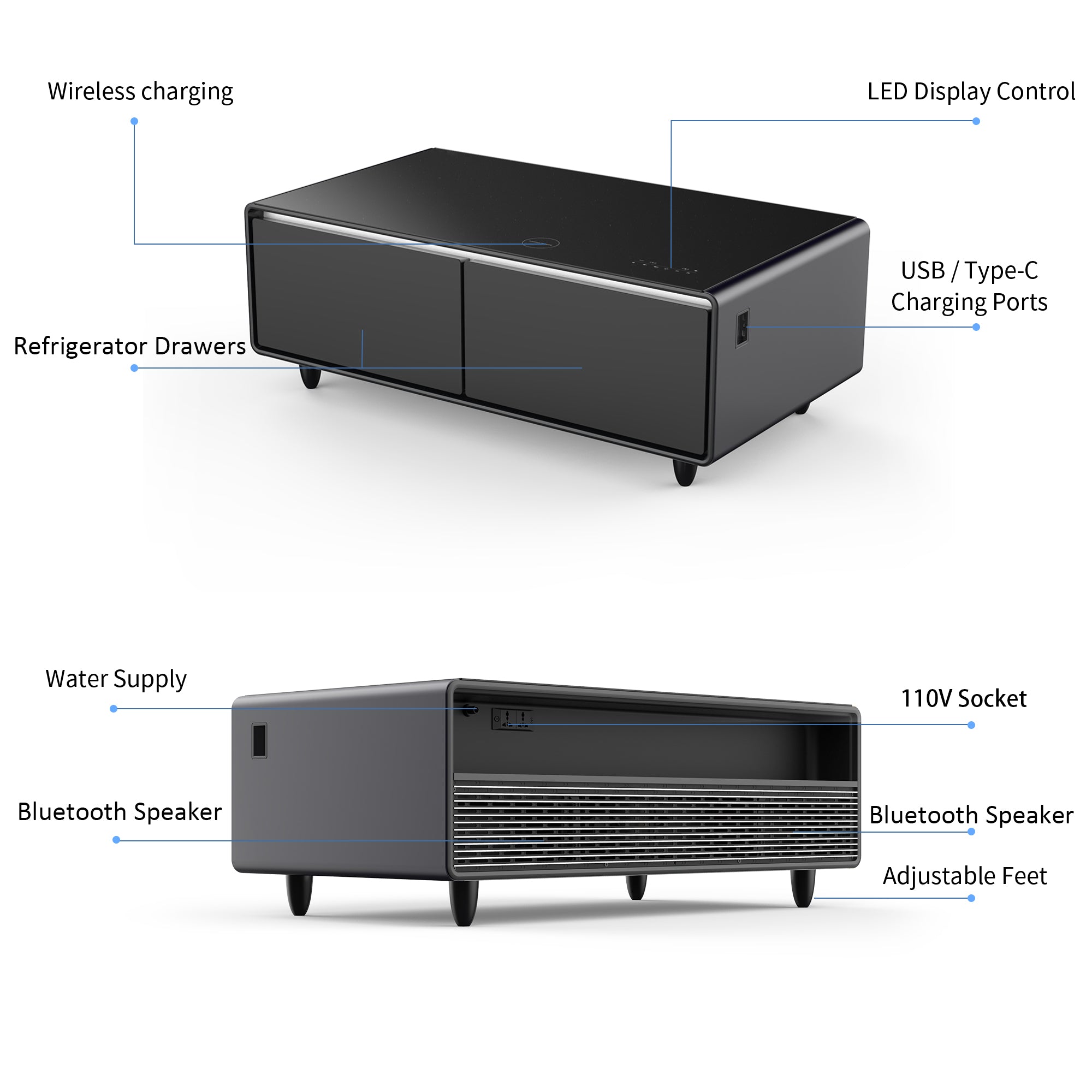 Modern Smart Coffee Table with Built-in Fridge, Bluetooth Speaker, Wireless Charging Module, Touch Control Panel, Power Socket, USB Interface, Outlet Protection, Atmosphere light, Black 