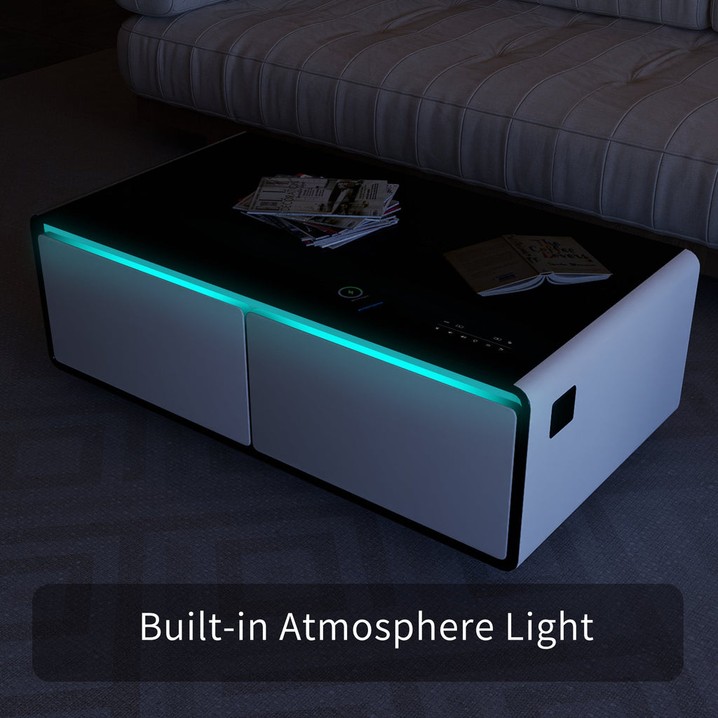 Modern Smart Coffee Table with Built-in Fridge, Bluetooth Speaker, Wireless Charging Module, Touch Control Panel, Power Socket, USB Interface, Outlet Protection, Atmosphere light, White 