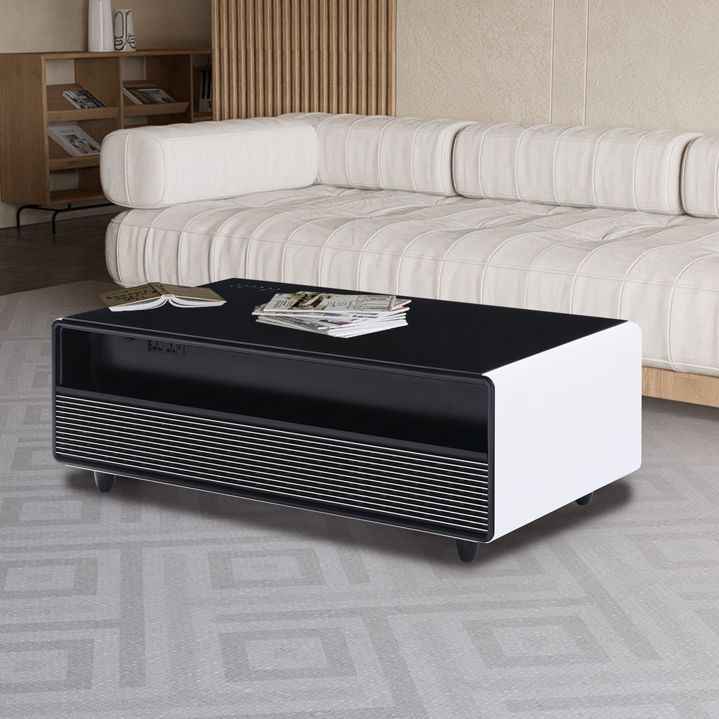Modern Smart Coffee Table with Built-in Fridge, Bluetooth Speaker, Wireless Charging Module, Touch Control Panel, Power Socket, USB Interface, Outlet Protection, Atmosphere light, White 