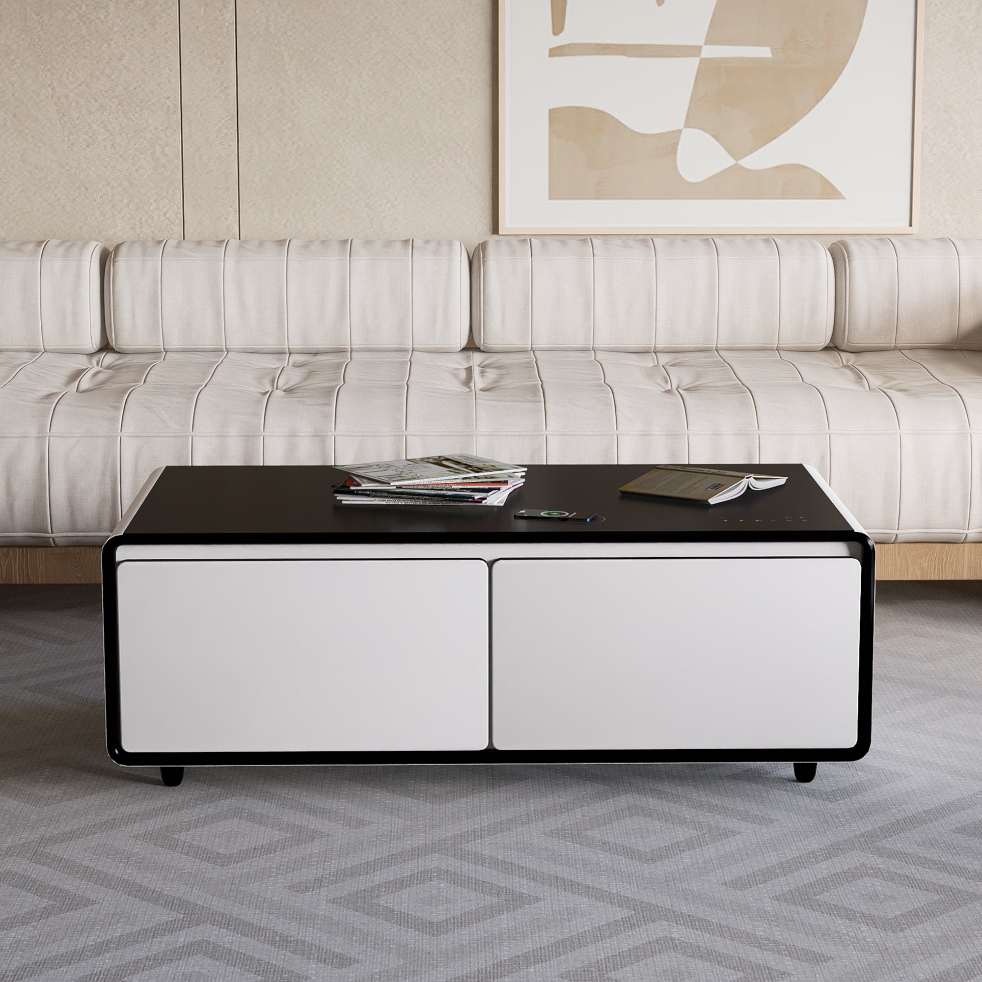 Modern Smart Coffee Table with Built-in Fridge, Bluetooth Speaker, Wireless Charging Module, Touch Control Panel, Power Socket, USB Interface, Outlet Protection, Atmosphere light, White 