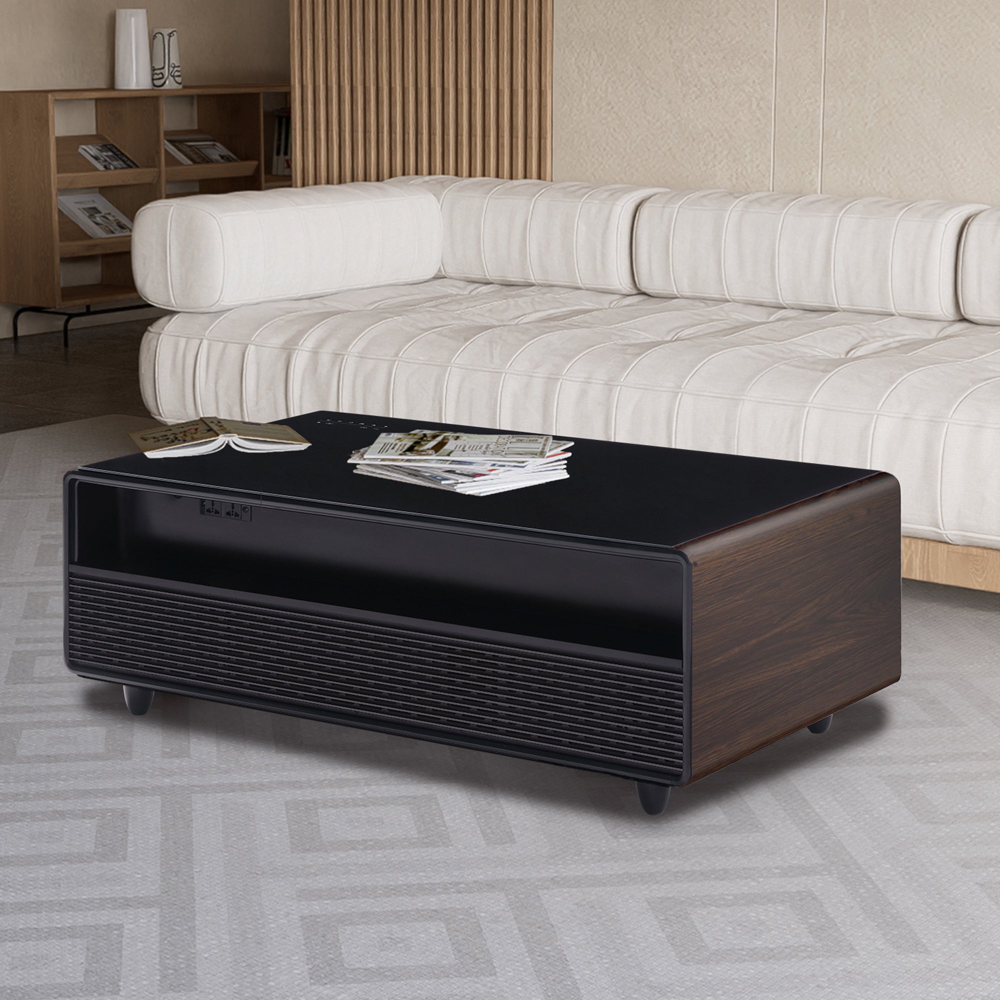 Modern Smart Coffee Table with Built-in Fridge, Bluetooth Speaker, Wireless Charging Module, Touch Control Panel, Power Socket, USB Interface, Outlet Protection, Atmosphere light, and More, Brown 