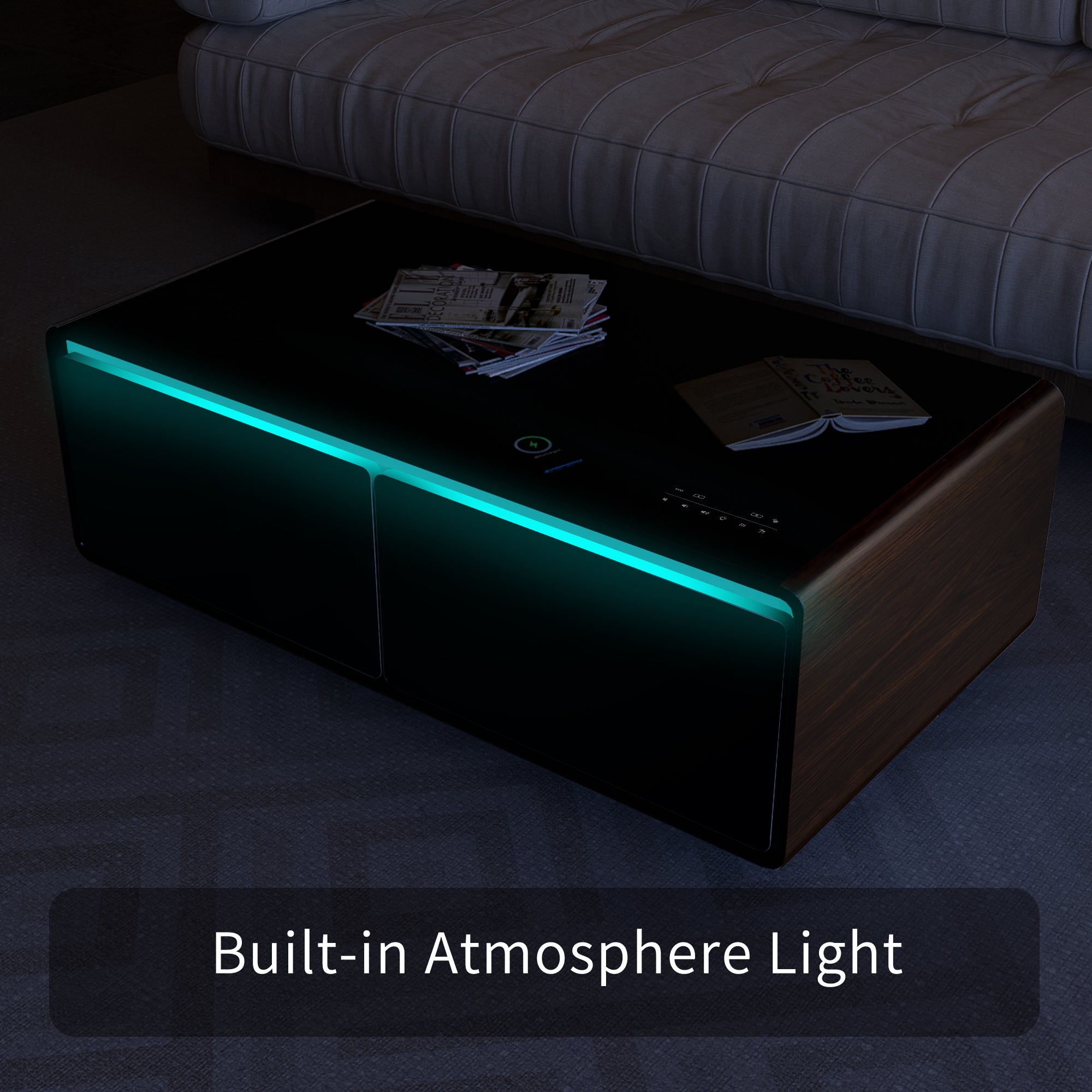 Modern Smart Coffee Table with Built-in Fridge, Bluetooth Speaker, Wireless Charging Module, Touch Control Panel, Power Socket, USB Interface, Outlet Protection, Atmosphere light, and More, Brown 