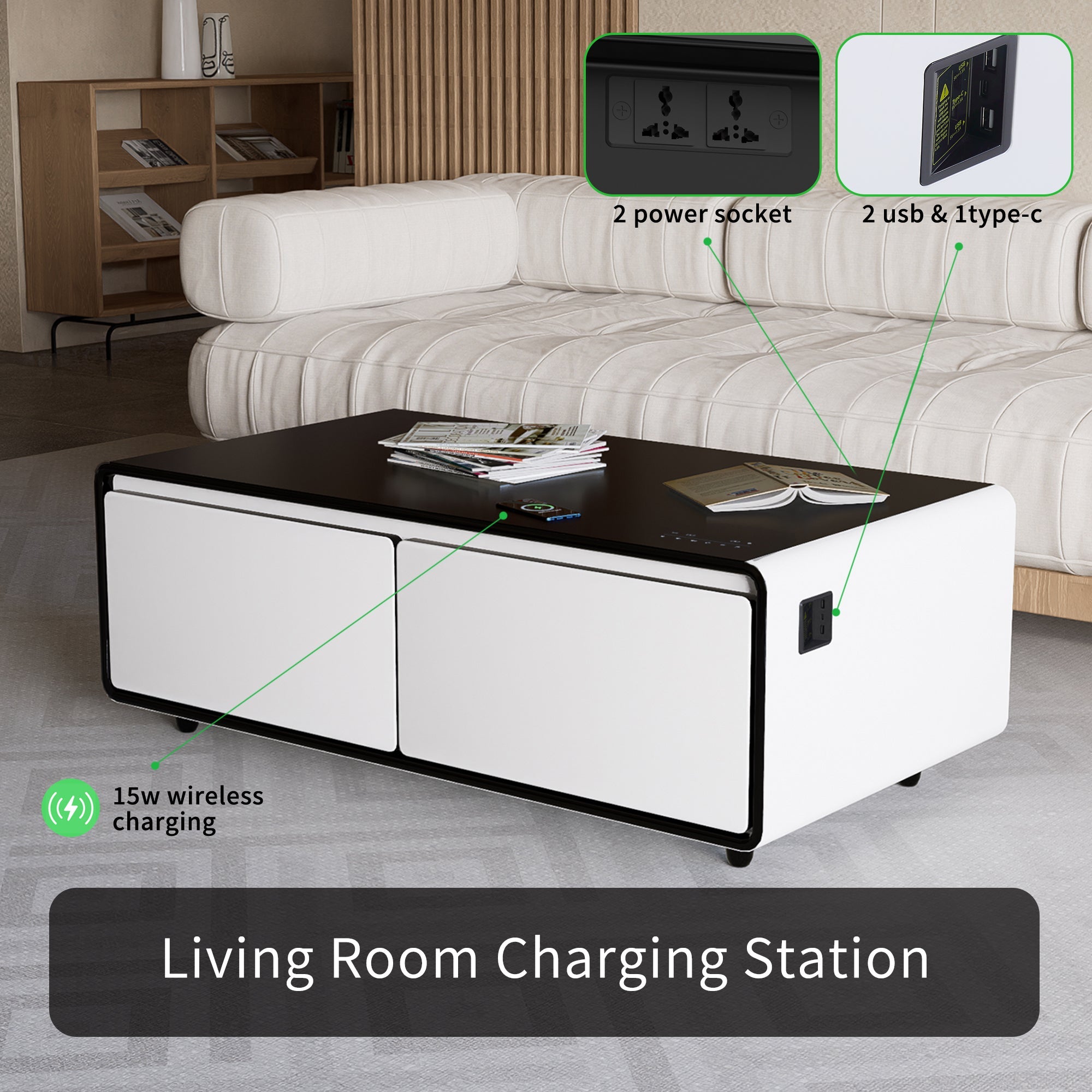 Modern Smart Coffee Table with Built-in Fridge, Bluetooth Speaker, Wireless Charging Module, Touch Control Panel, Power Socket, USB Interface, Outlet Protection, Atmosphere light, White 