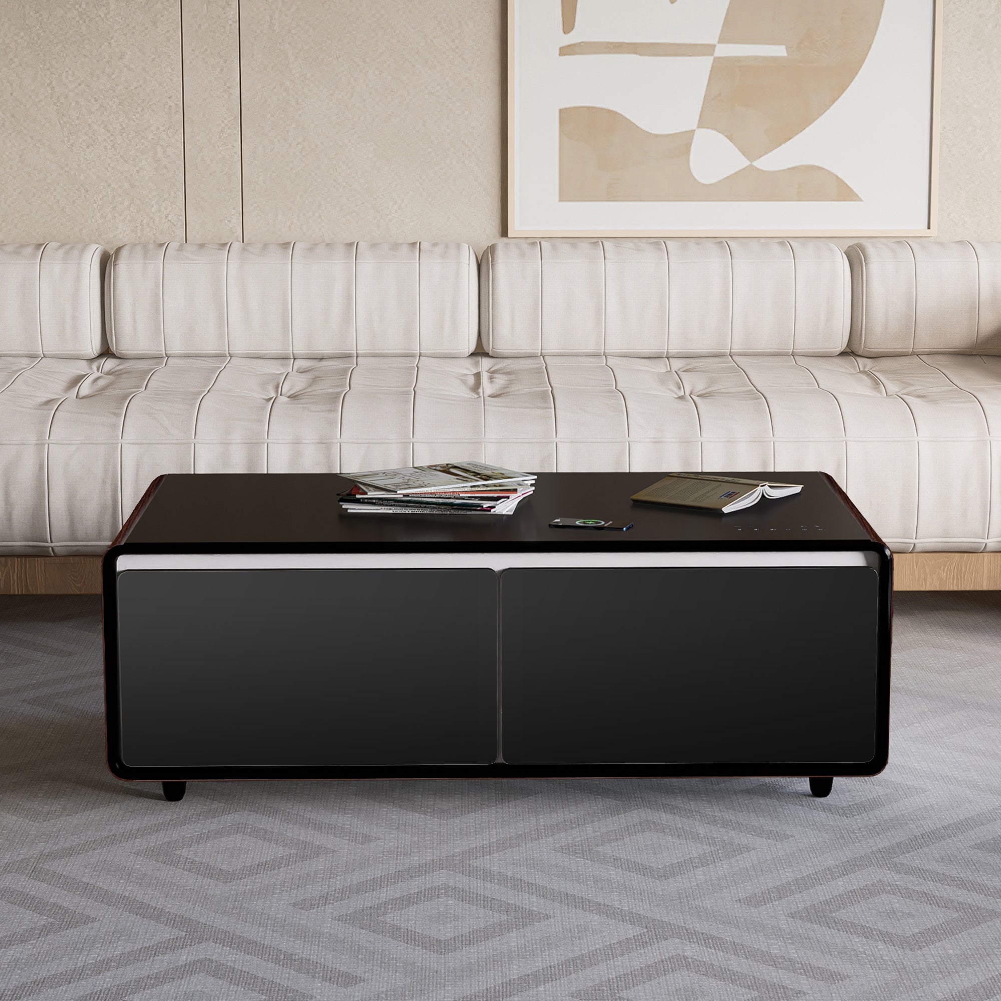 Modern Smart Coffee Table with Built-in Fridge, Bluetooth Speaker, Wireless Charging Module, Touch Control Panel, Power Socket, USB Interface, Outlet Protection, Atmosphere light, and More, Brown 