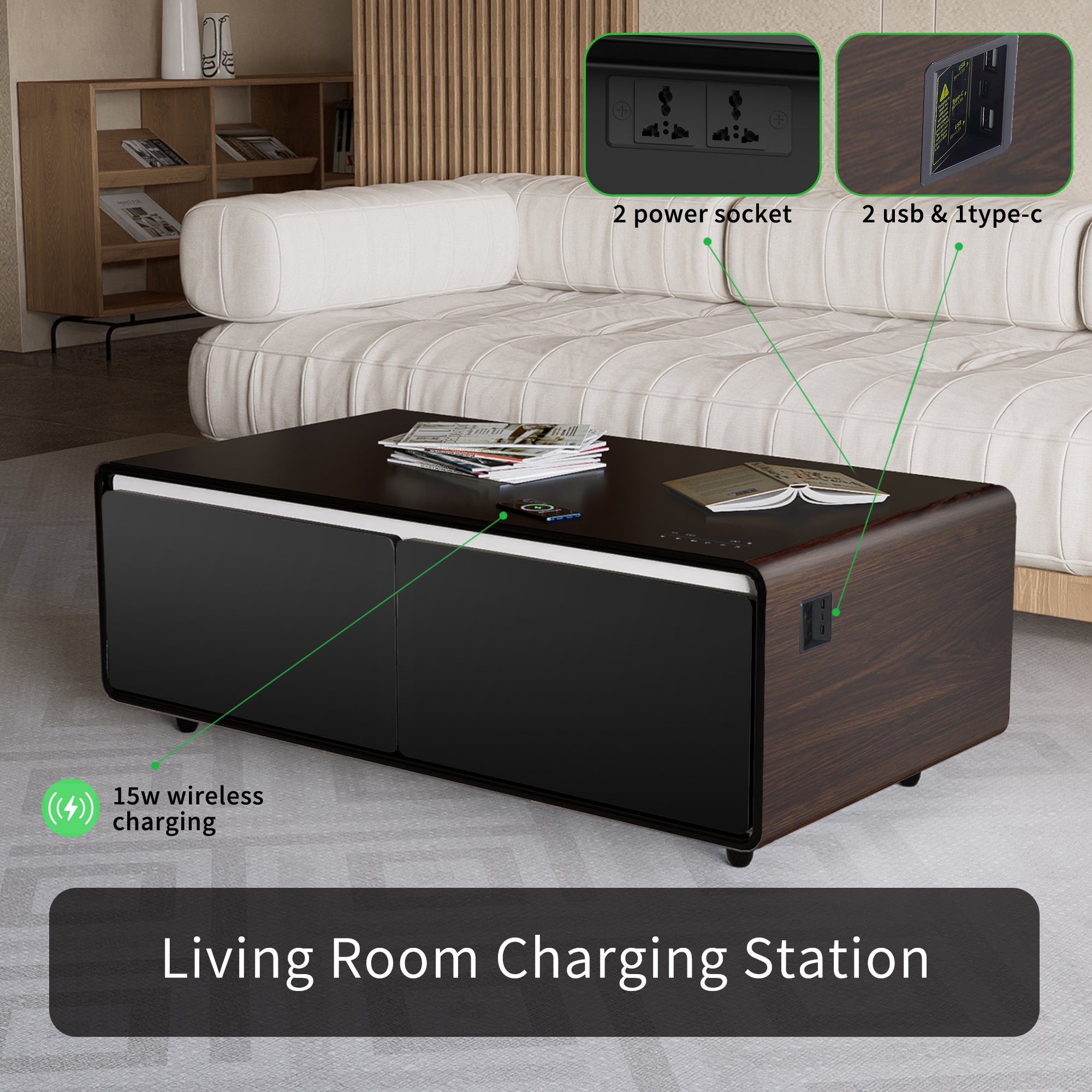 Modern Smart Coffee Table with Built-in Fridge, Bluetooth Speaker, Wireless Charging Module, Touch Control Panel, Power Socket, USB Interface, Outlet Protection, Atmosphere light, and More, Brown 