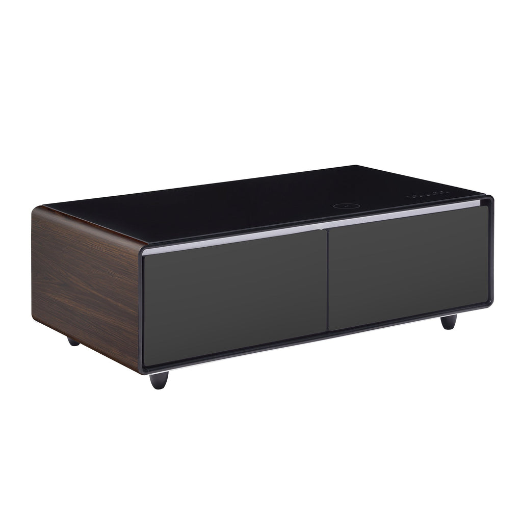 Modern Smart Coffee Table with Built-in Fridge, Bluetooth Speaker, Wireless Charging Module, Touch Control Panel, Power Socket, USB Interface, Outlet Protection, Atmosphere light, and More, Brown 