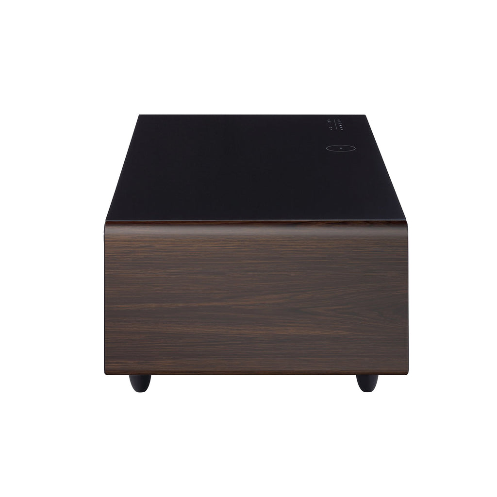 Modern Smart Coffee Table with Built-in Fridge, Bluetooth Speaker, Wireless Charging Module, Touch Control Panel, Power Socket, USB Interface, Outlet Protection, Atmosphere light, and More, Brown 