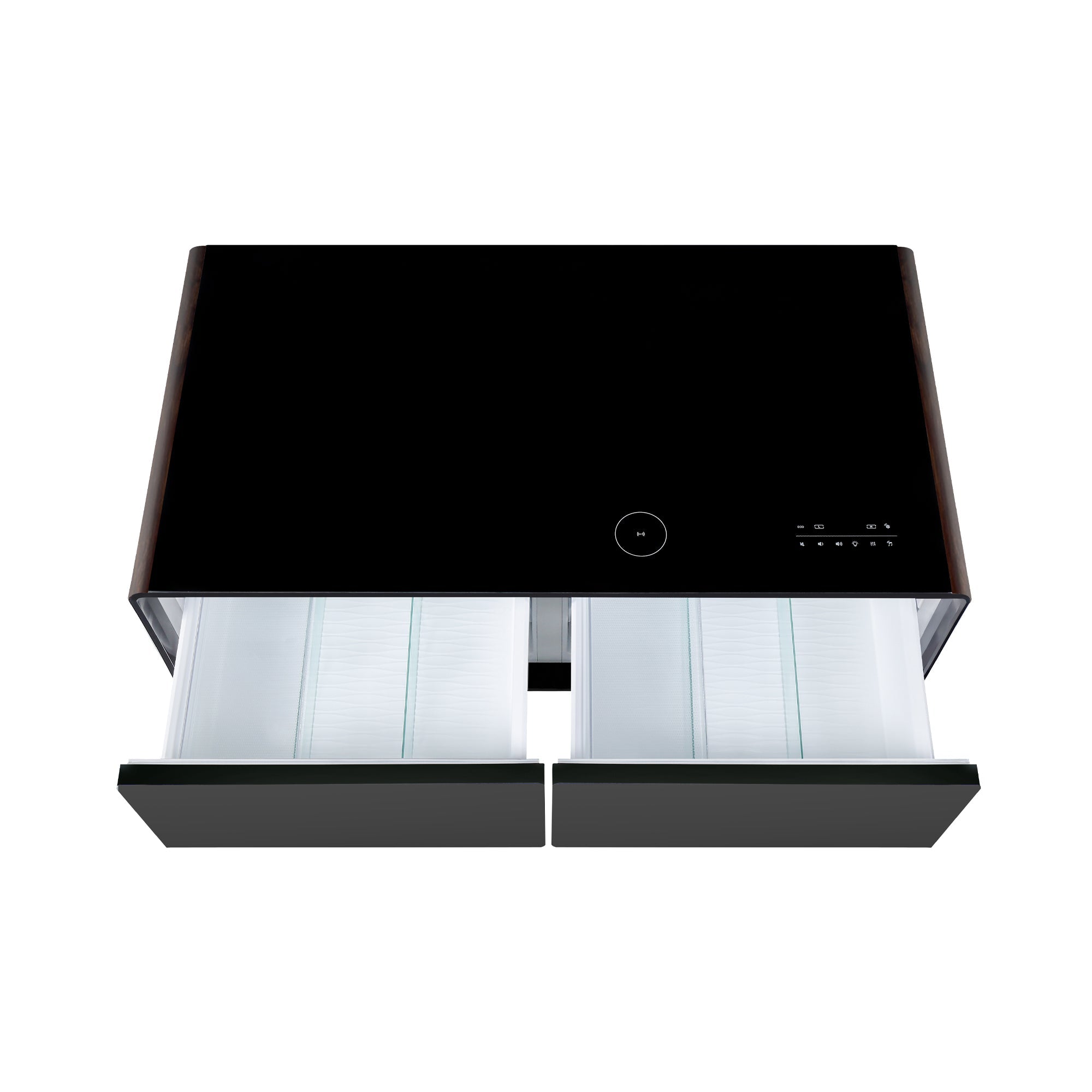 Modern Smart Coffee Table with Built-in Fridge, Bluetooth Speaker, Wireless Charging Module, Touch Control Panel, Power Socket, USB Interface, Outlet Protection, Atmosphere light, Black 