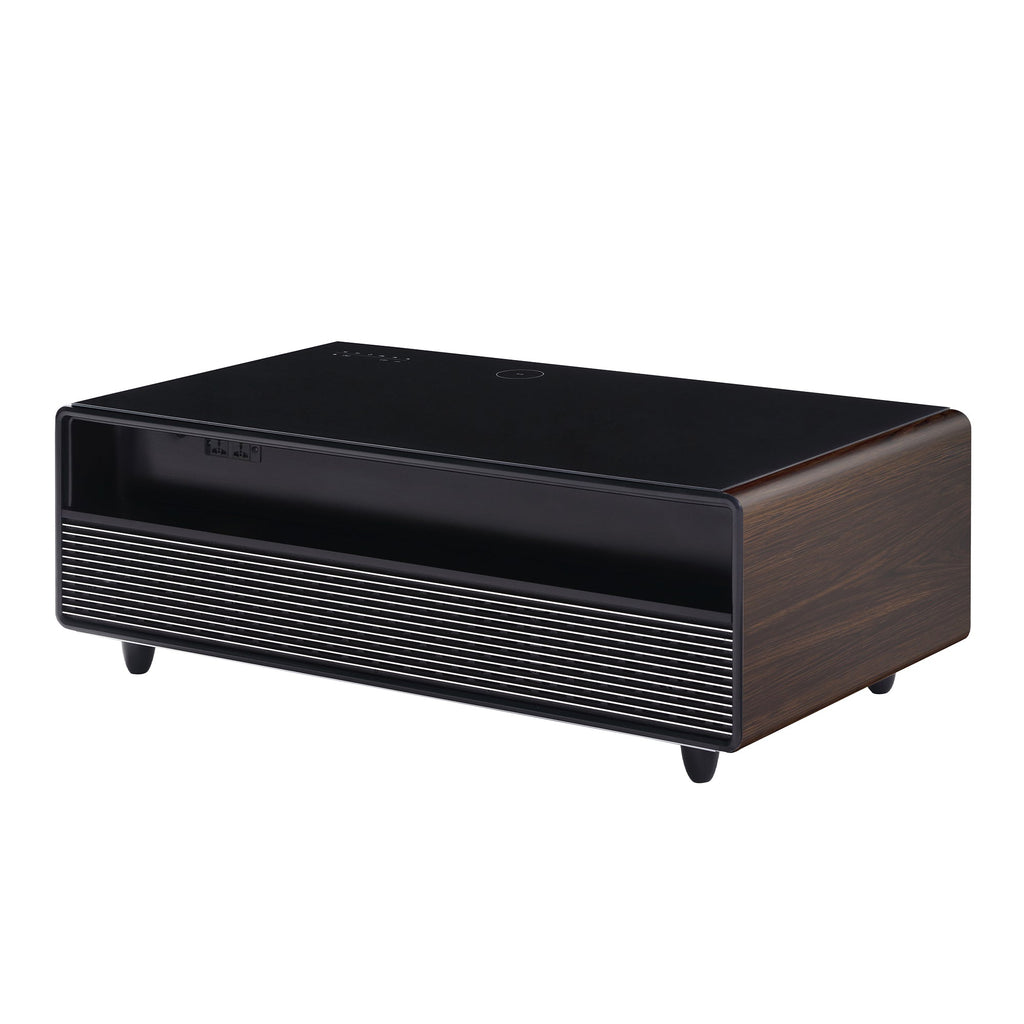 Modern Smart Coffee Table with Built-in Fridge, Bluetooth Speaker, Wireless Charging Module, Touch Control Panel, Power Socket, USB Interface, Outlet Protection, Atmosphere light, and More, Brown 