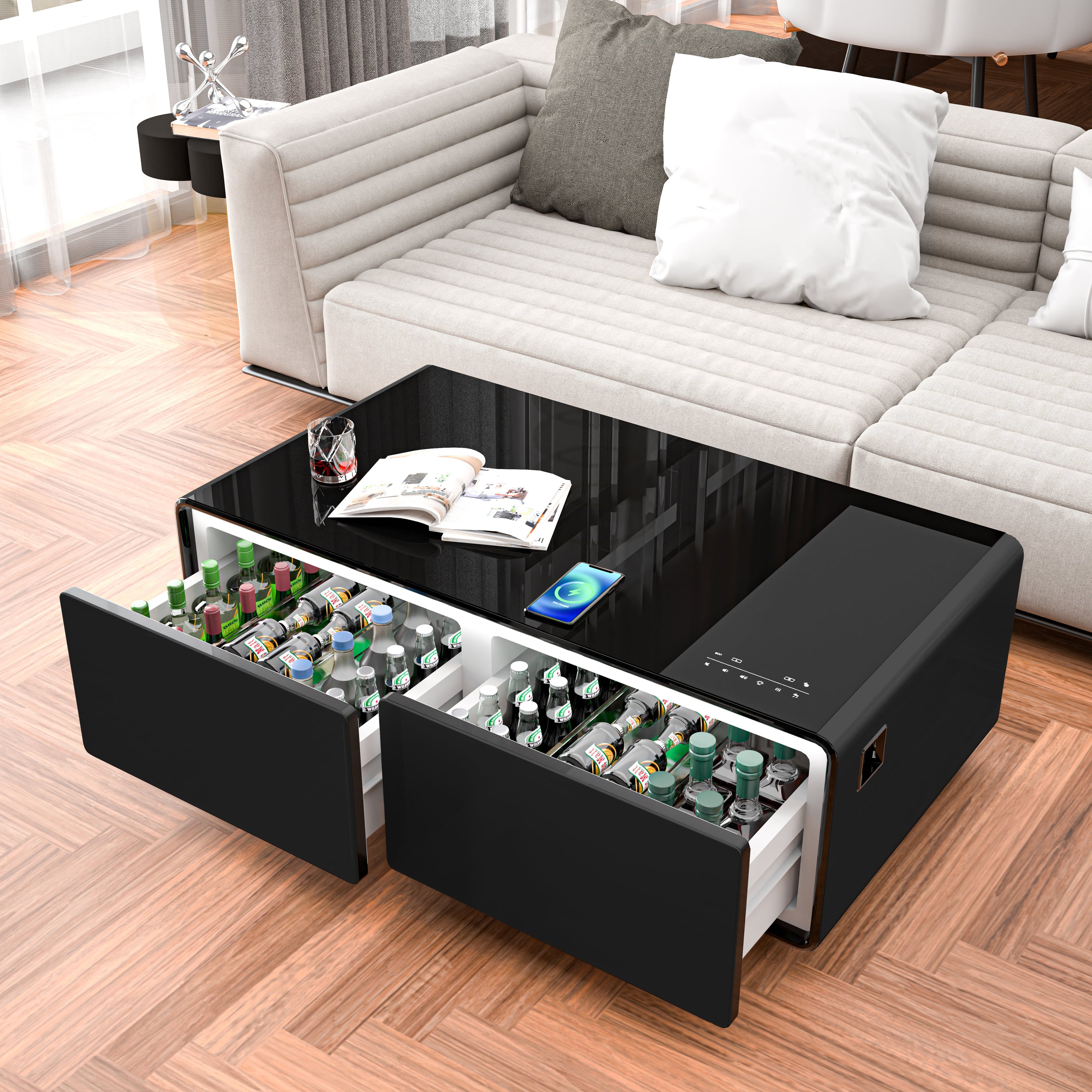 Modern Smart Coffee Table with Built-in Fridge Power Socket White