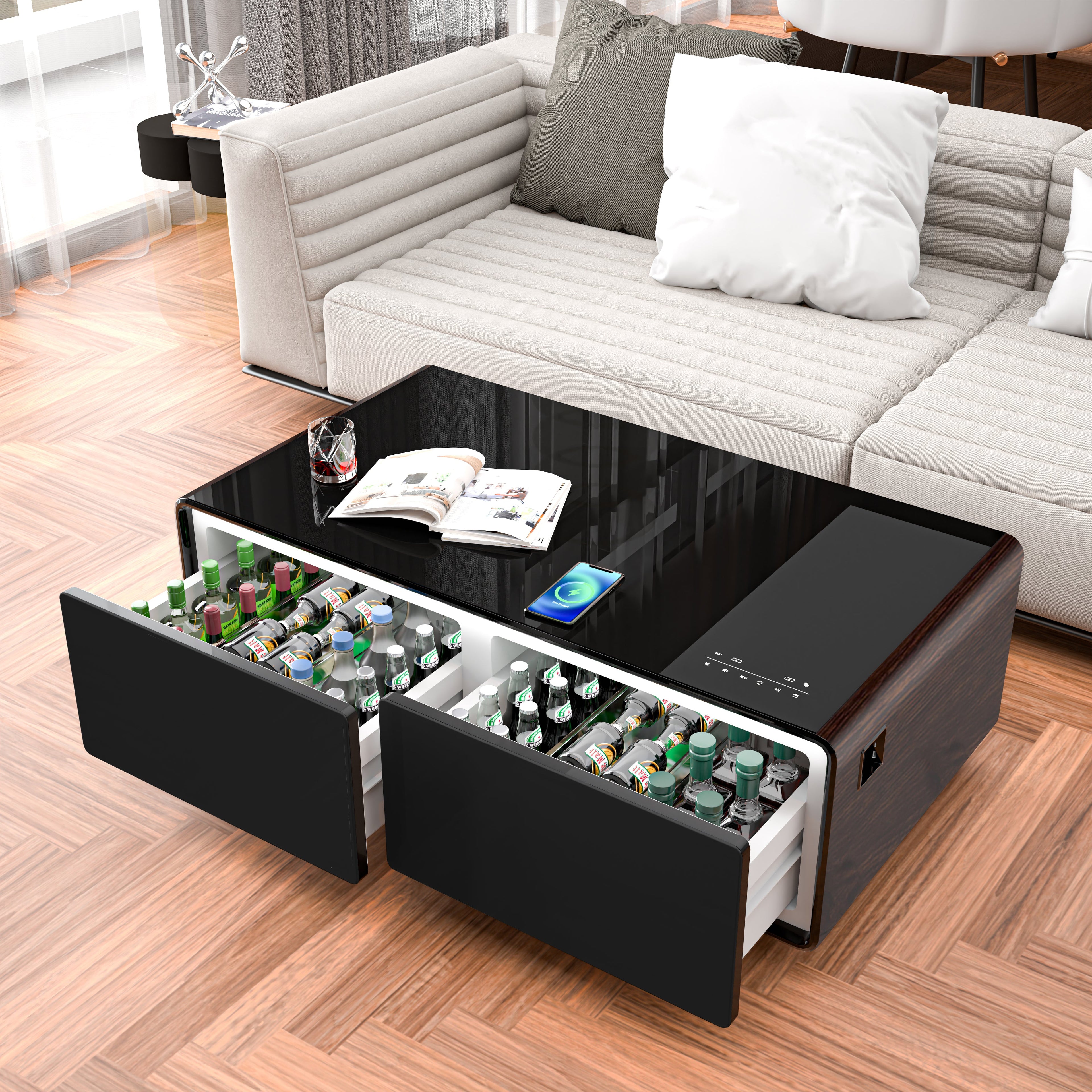 Modern Smart Coffee Table with Built-in Fridge Power Socket White