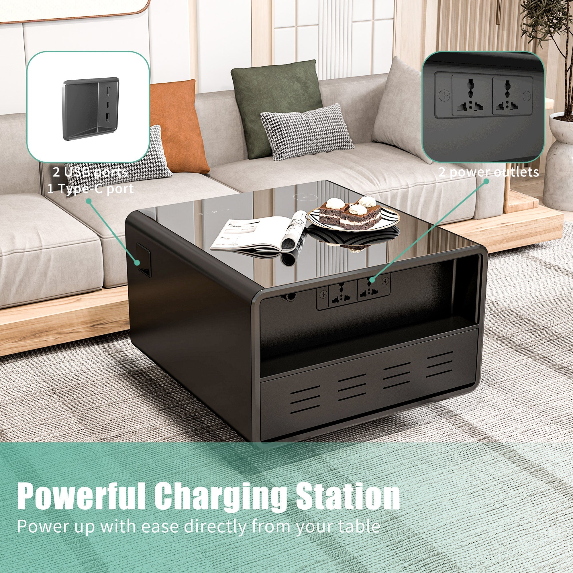 Modern Smart Side Table with Built-in Fridge, Wireless Charging, Temperature Control, Power Socket, USB Ports, Outlet Protection, Induction Light, Black 