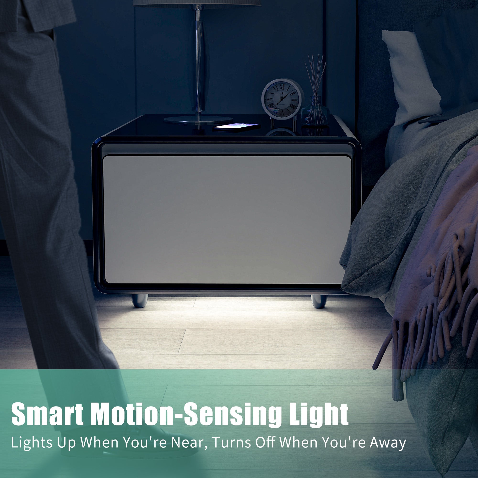 Modern Smart Side Table with Built-in Fridge, Wireless Charging, Temperature Control, Power Socket, USB Ports, Outlet Protection, Induction Light, White 