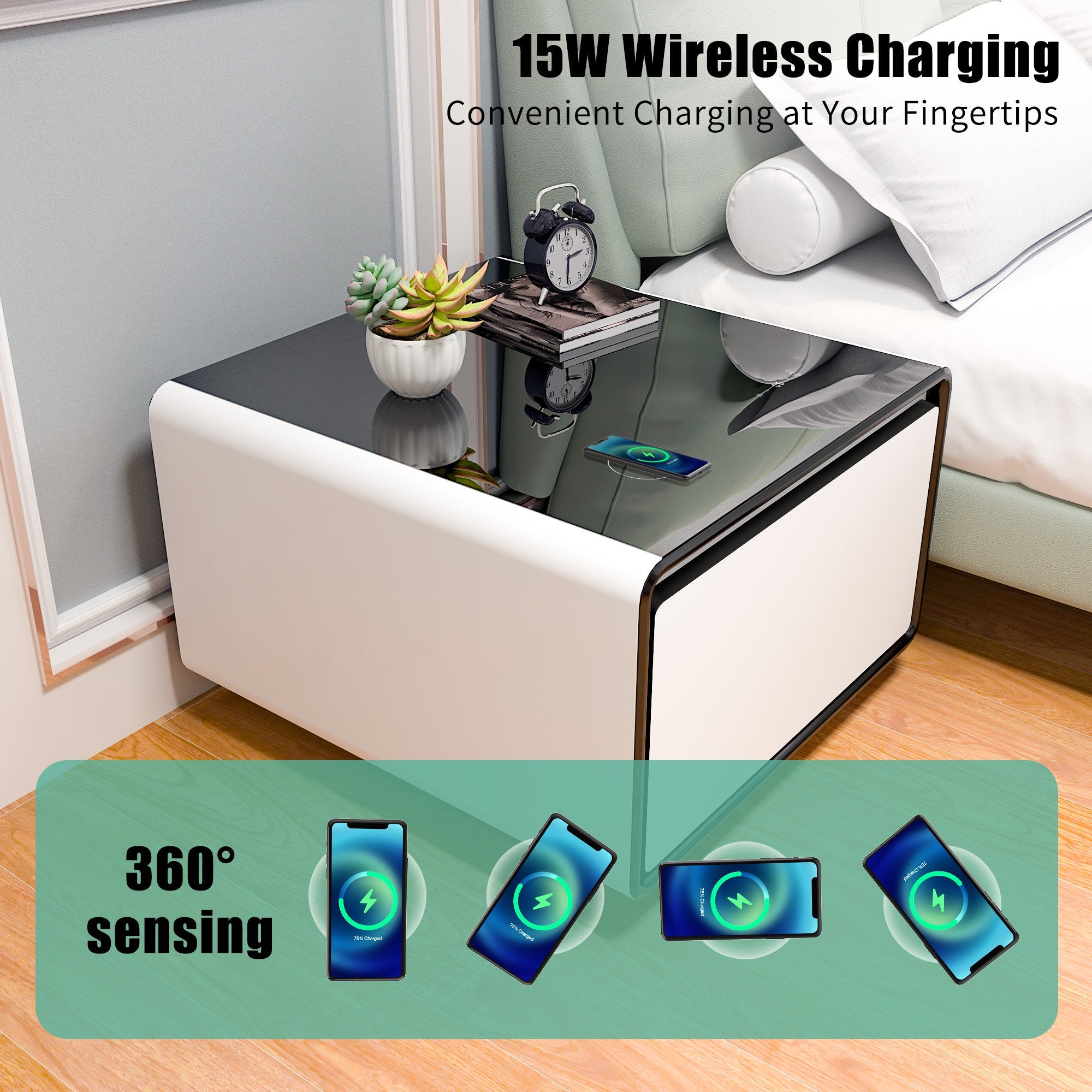 Modern Smart Side Table with Built-in Fridge, Wireless Charging, Temperature Control, Power Socket, USB Ports, Outlet Protection, Induction Light, White 