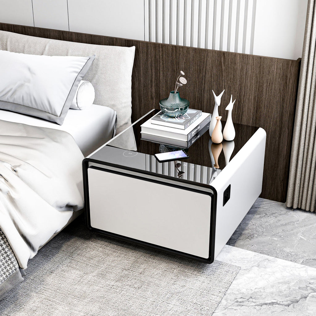 Modern Smart Side Table with Built-in Fridge, Wireless Charging, Temperature Control, Power Socket, USB Ports, Outlet Protection, Induction Light, White 
