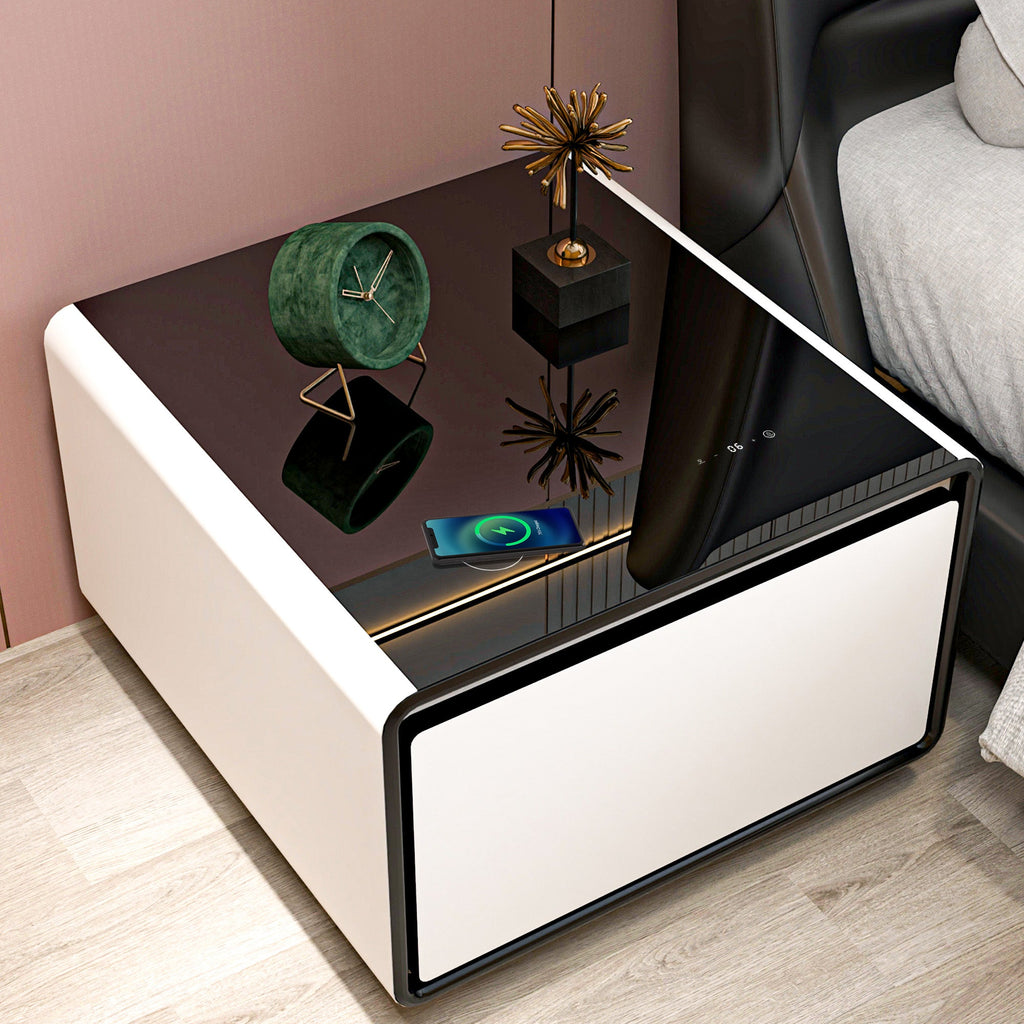 Modern Smart Side Table with Built-in Fridge, Wireless Charging, Temperature Control, Power Socket, USB Ports, Outlet Protection, Induction Light, White 