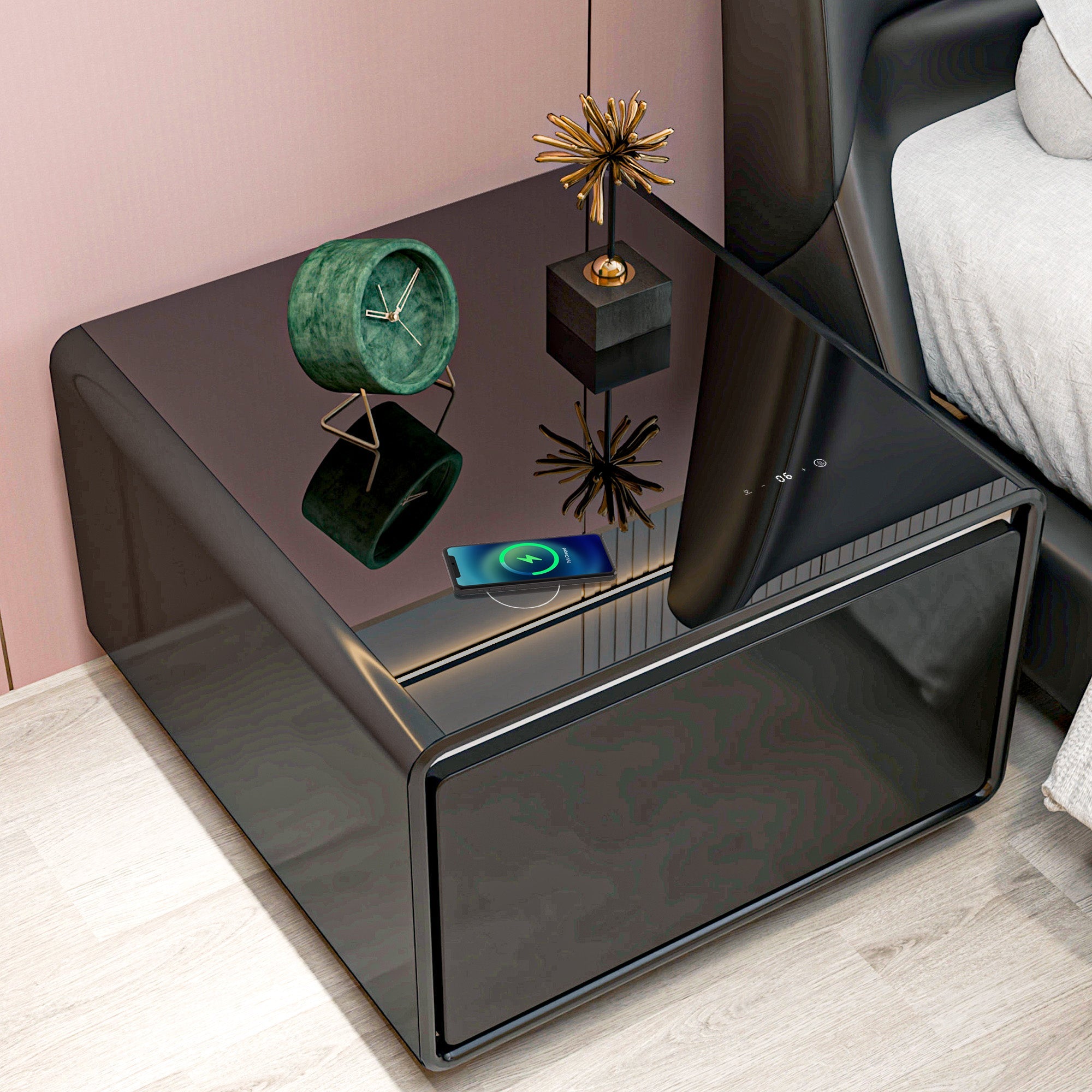 Modern Smart Side Table with Built-in Fridge, Wireless Charging, Temperature Control, Power Socket, USB Ports, Outlet Protection, Induction Light, Black 