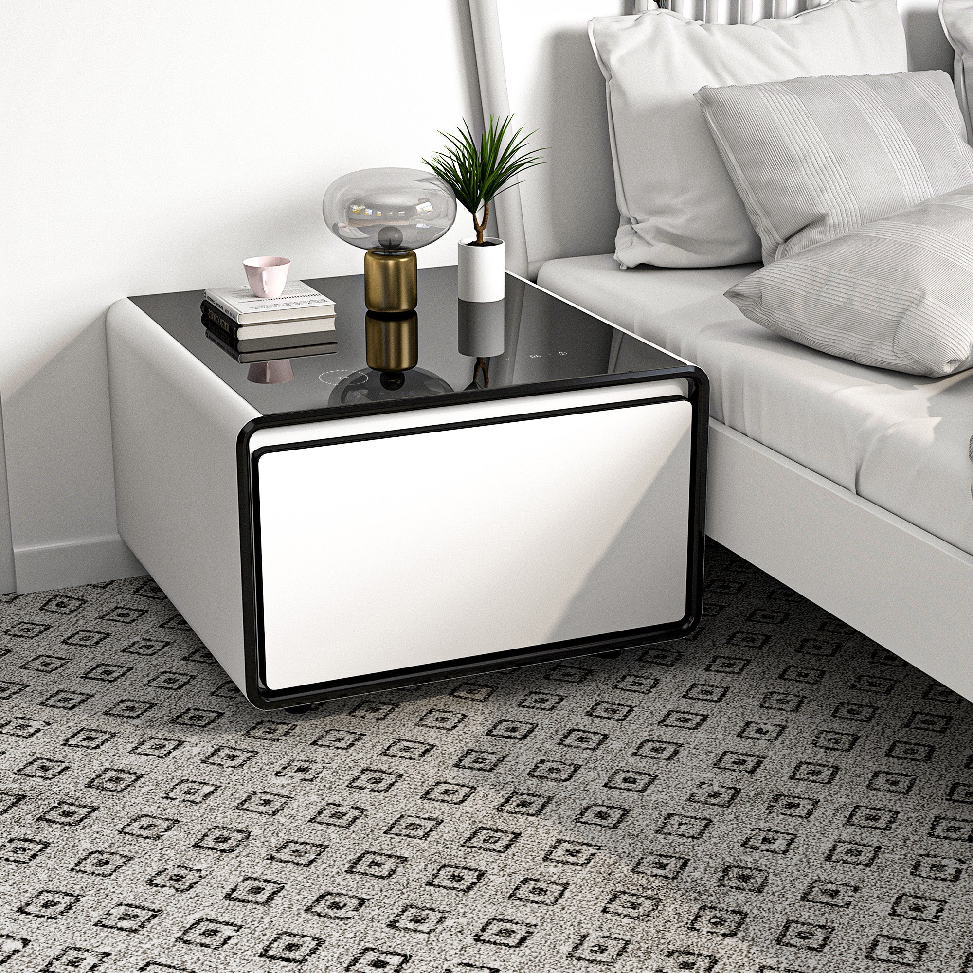 Modern Smart Side Table with Built-in Fridge, Wireless Charging, Temperature Control, Power Socket, USB Ports, Outlet Protection, Induction Light, White 