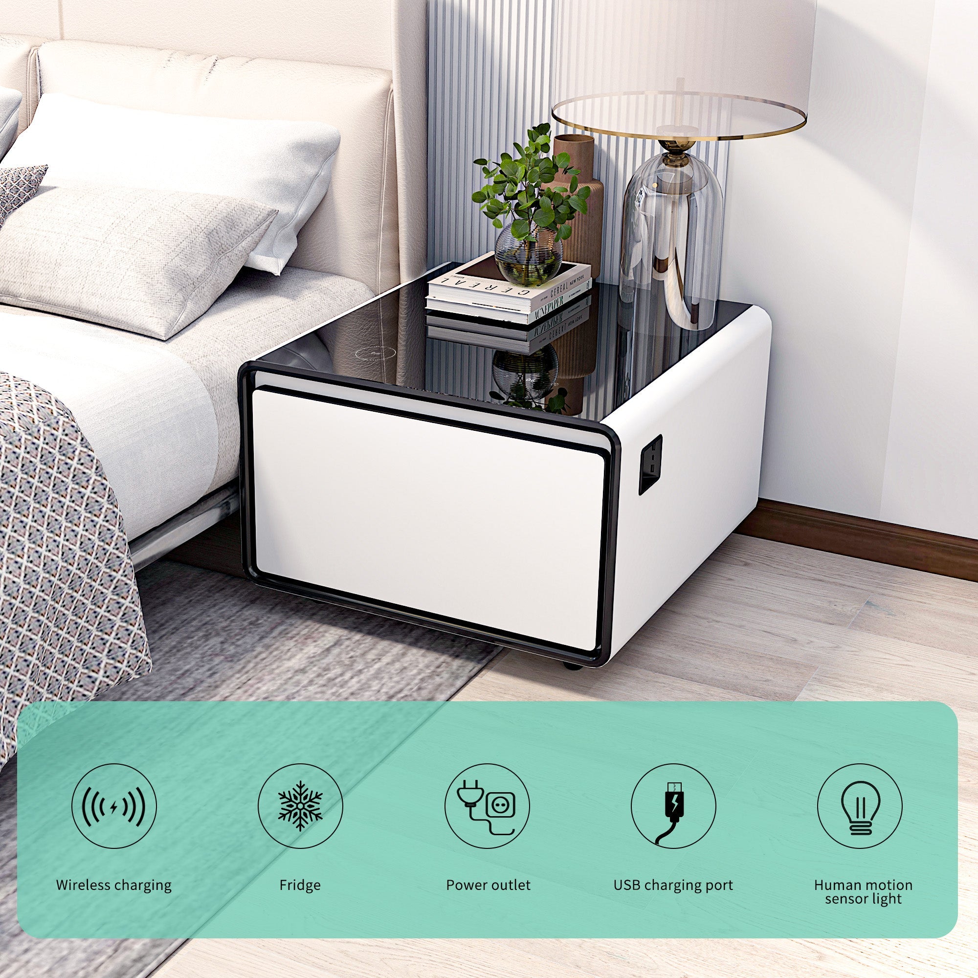 Modern Smart Side Table with Built-in Fridge, Wireless Charging, Temperature Control, Power Socket, USB Ports, Outlet Protection, Induction Light, White 