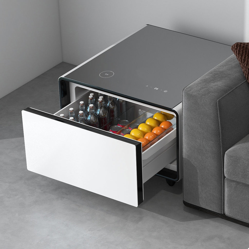 Modern Smart Side Table with Built-in Fridge, Wireless Charging, Temperature Control, Power Socket, USB Ports, Outlet Protection, Induction Light, White 