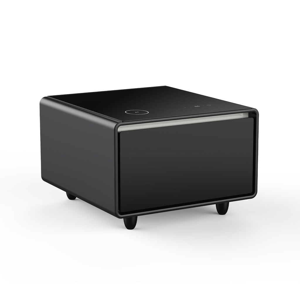 Modern Smart Side Table with Built-in Fridge, Wireless Charging, Temperature Control, Power Socket, USB Ports, Outlet Protection, Induction Light, Black 