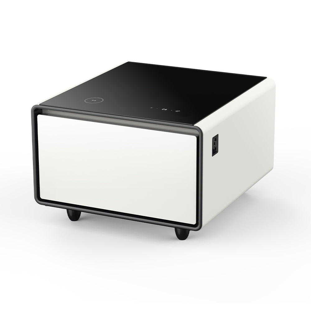 Modern Smart Side Table with Built-in Fridge, Wireless Charging, Temperature Control, Power Socket, USB Ports, Outlet Protection, Induction Light, White 