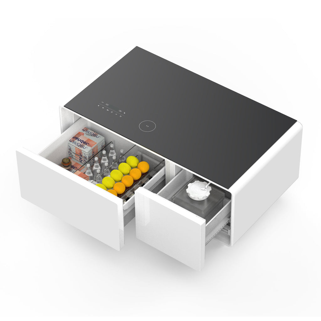 Modern Smart Coffee Table with Built-in Fridge, Bluetooth Speaker, Wireless Charging, Touch Control Panel, USB Ports, Outlet Protection, Atmosphere light, White 