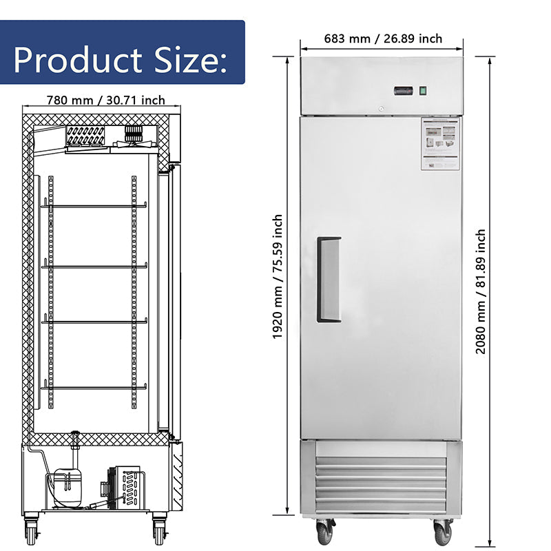 Commercial Freezer Single Solid Door 27"W Reach-in Freezer 18.68 Cu.ft. Upright Fan Cooling