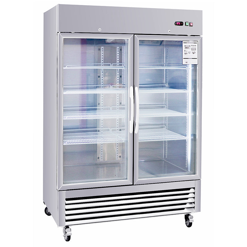 Commercial Refrigerator 2 Section 2 Glass Door Stainless Steel Display Refrigerator 42.2 Cu.ft. Reach-in Merchandising Refrigerator