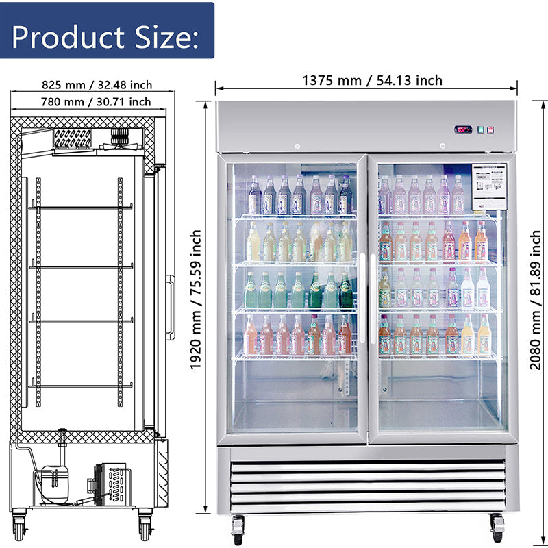 Commercial Refrigerator 2 Section 2 Glass Door Stainless Steel Display Refrigerator 42.2 Cu.ft. Reach-in Merchandising Refrigerator