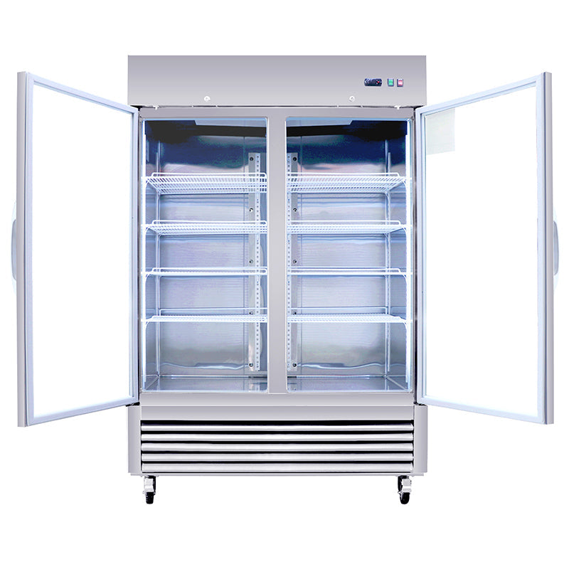 Commercial Refrigerator 2 Section 2 Glass Door Stainless Steel Display Refrigerator 42.2 Cu.ft. Reach-in Merchandising Refrigerator