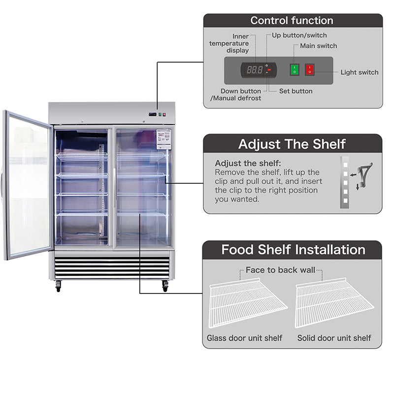 Commercial Refrigerator 2 Section 2 Glass Door Stainless Steel Display Refrigerator 42.2 Cu.ft. Reach-in Merchandising Refrigerator