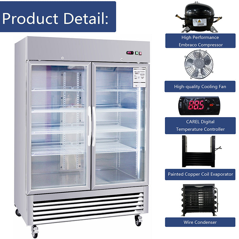 Commercial Refrigerator 2 Section 2 Glass Door Stainless Steel Display Refrigerator 42.2 Cu.ft. Reach-in Merchandising Refrigerator