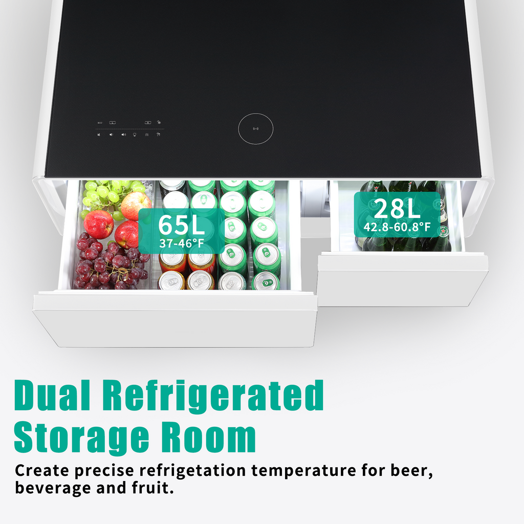 Modern Smart Coffee Table with Built-in Fridge, Bluetooth Speaker, Wireless Charging, Touch Control Panel, USB Ports, Outlet Protection, Atmosphere light, White 